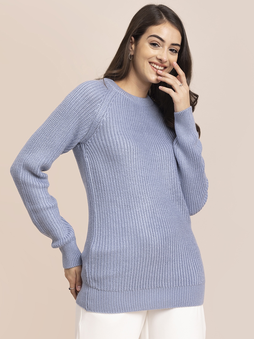 

FableStreet Women Blue Ribbed Raglan Sleeves Pullover Sweater