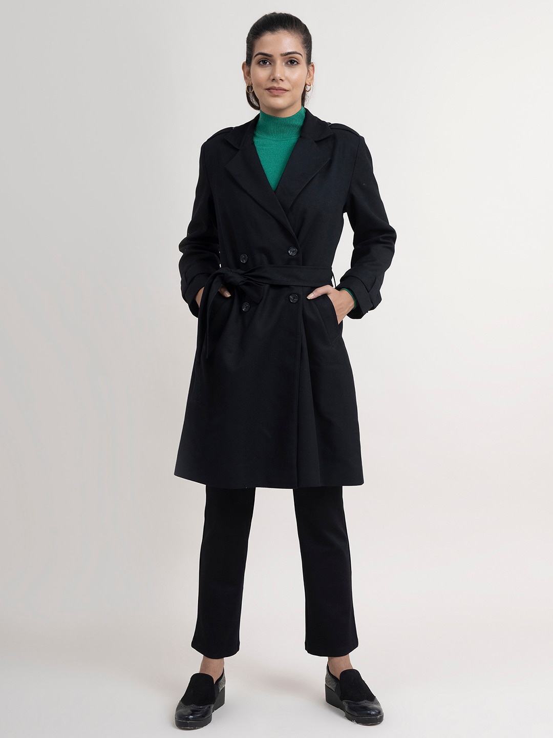 

FableStreet Women Black Solid Double-Breasted Trench Coat