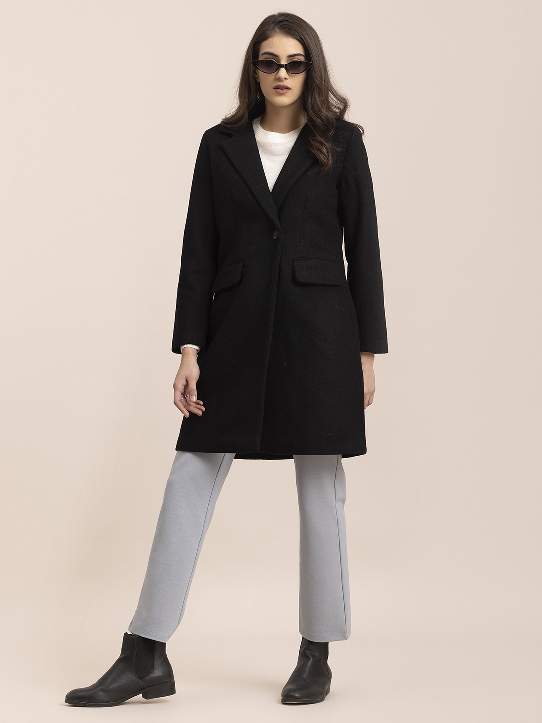 

FableStreet Women Black Solid Longline Overcoat