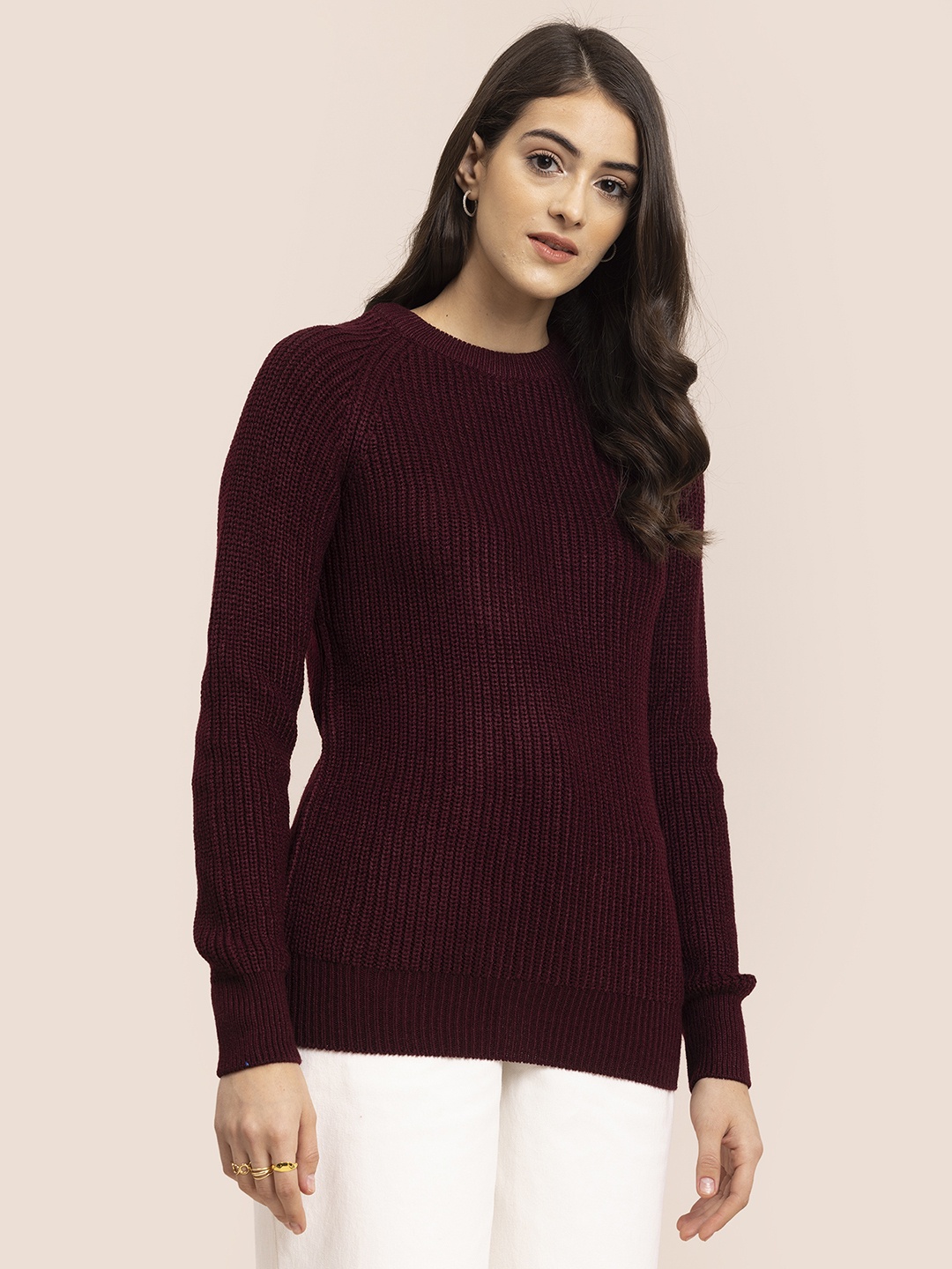 

FableStreet Women Maroon Ribbed Pullover Sweater