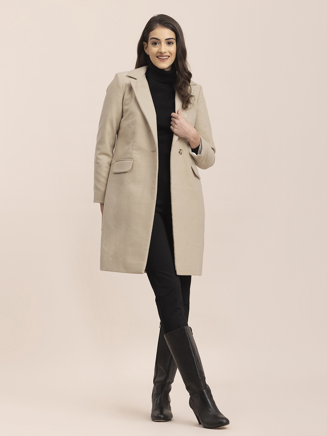 

FableStreet Women Beige Solid Longline Over Coat