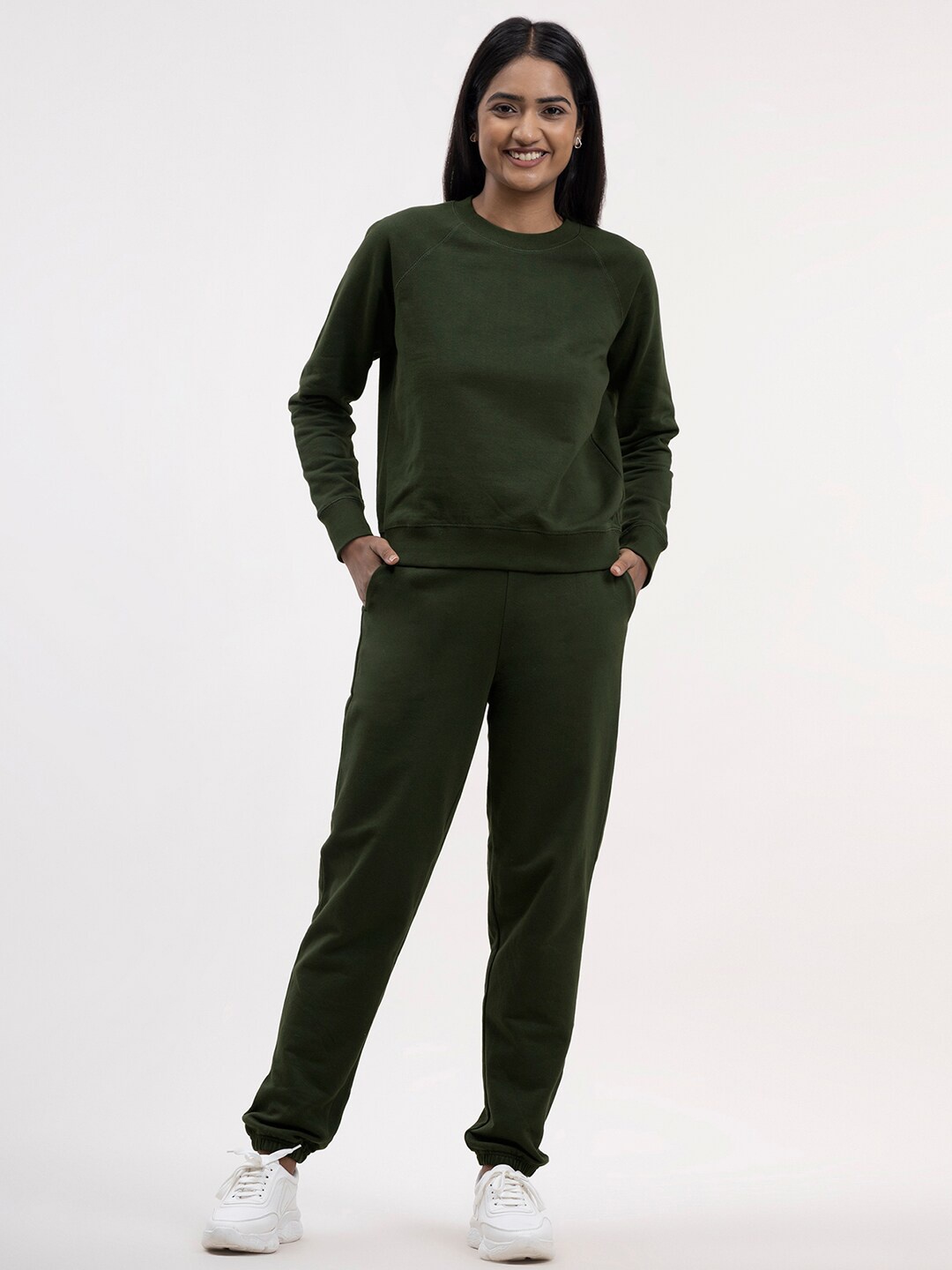 

FableStreet Women Olive Green Solid Cotton Tracksuits