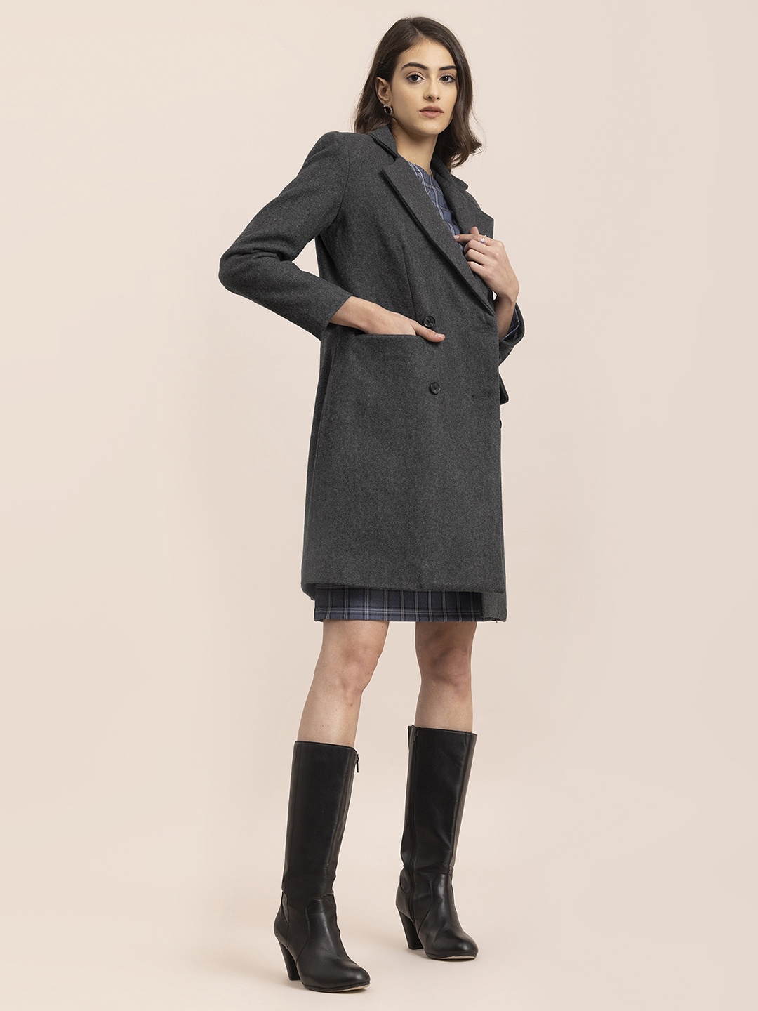 

FableStreet Women Grey Solid Woolen Coats