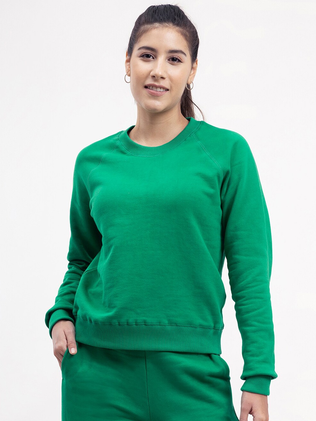 

FableStreet Women Green Solid Long Sleeves Sweatshirt