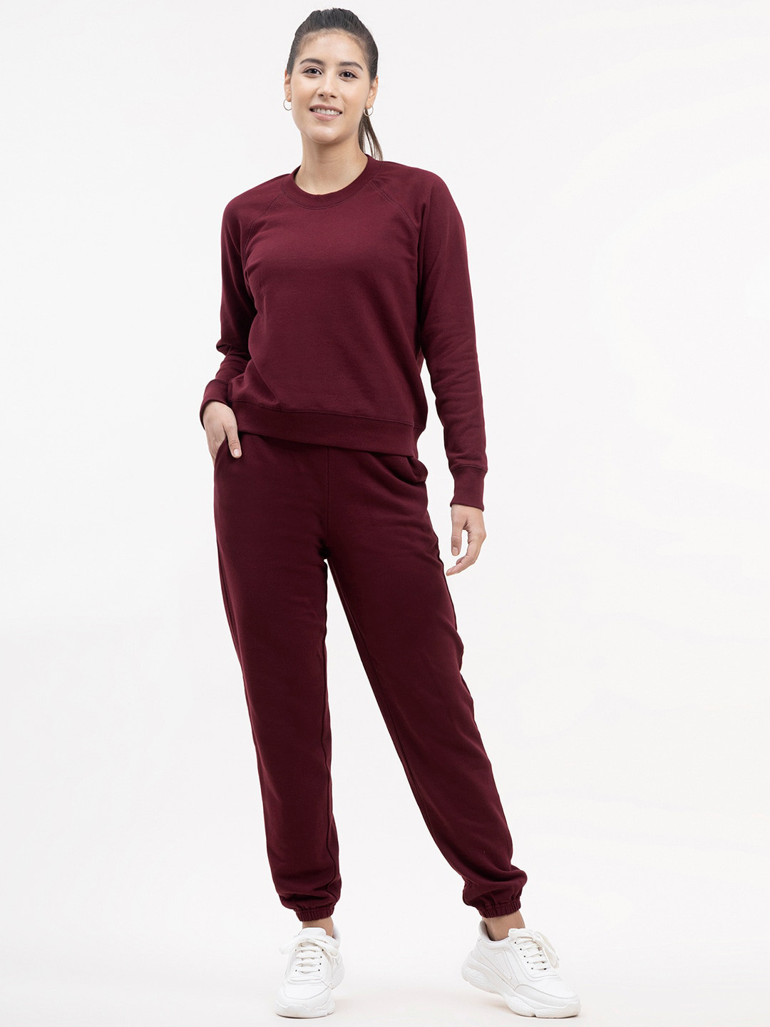 

FableStreet Women Maroon Solid Cotton Tracksuit