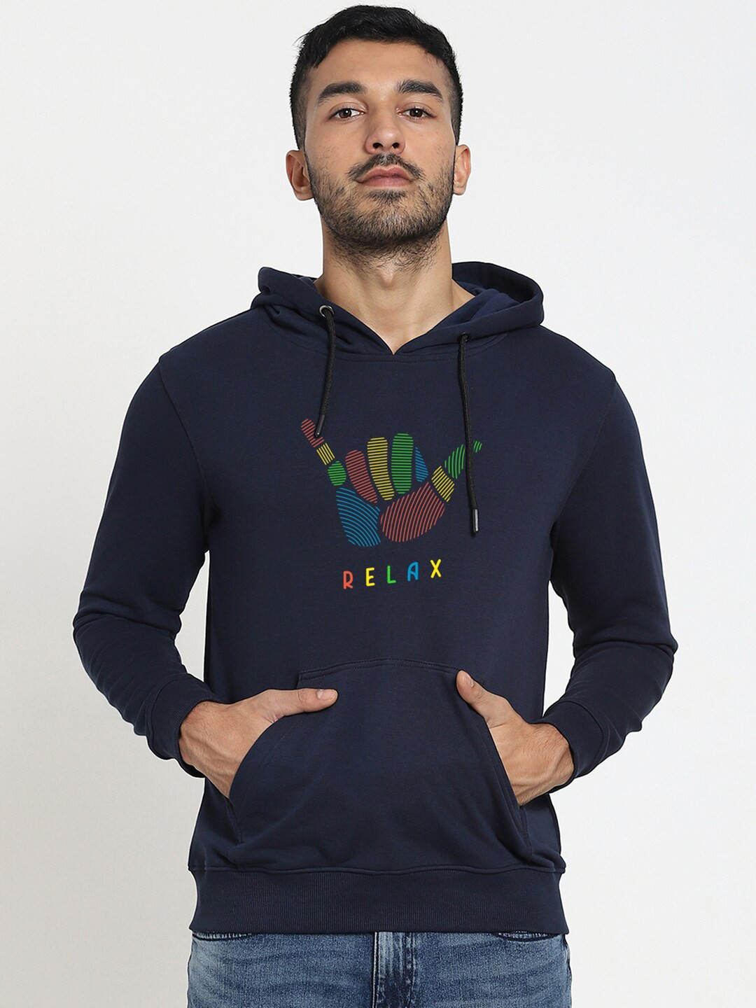

Bewakoof Men Blue Printed Hooded Sweatshirt