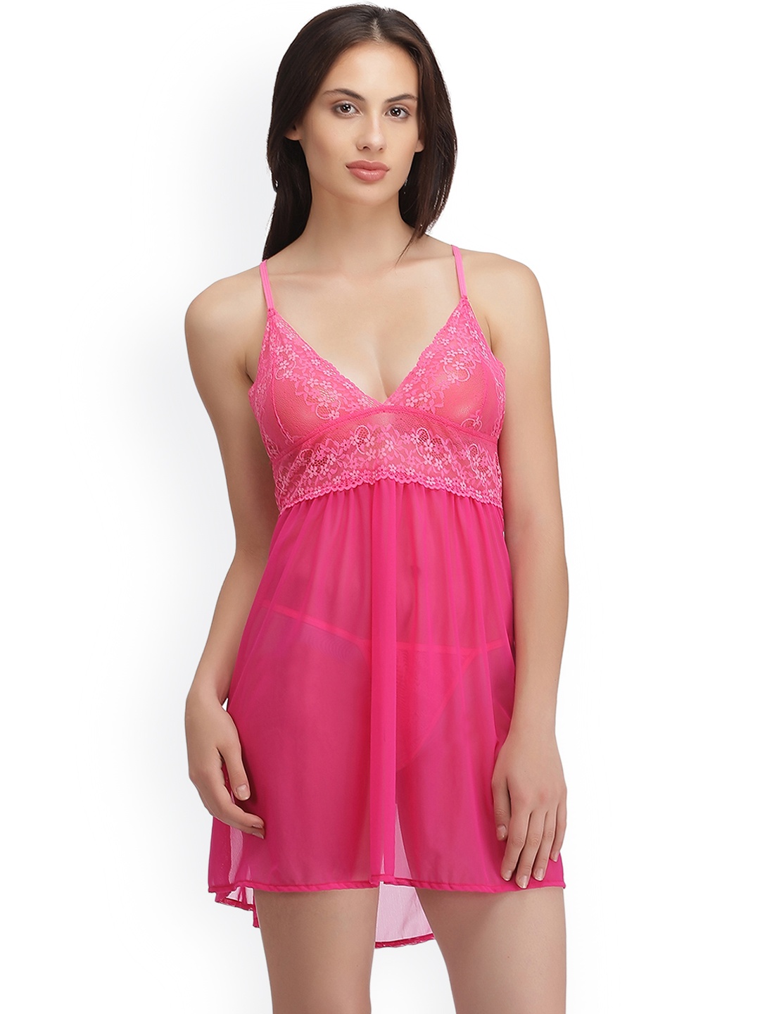 

Clovia Pink Lace Sheer Baby-Doll NS0891P22