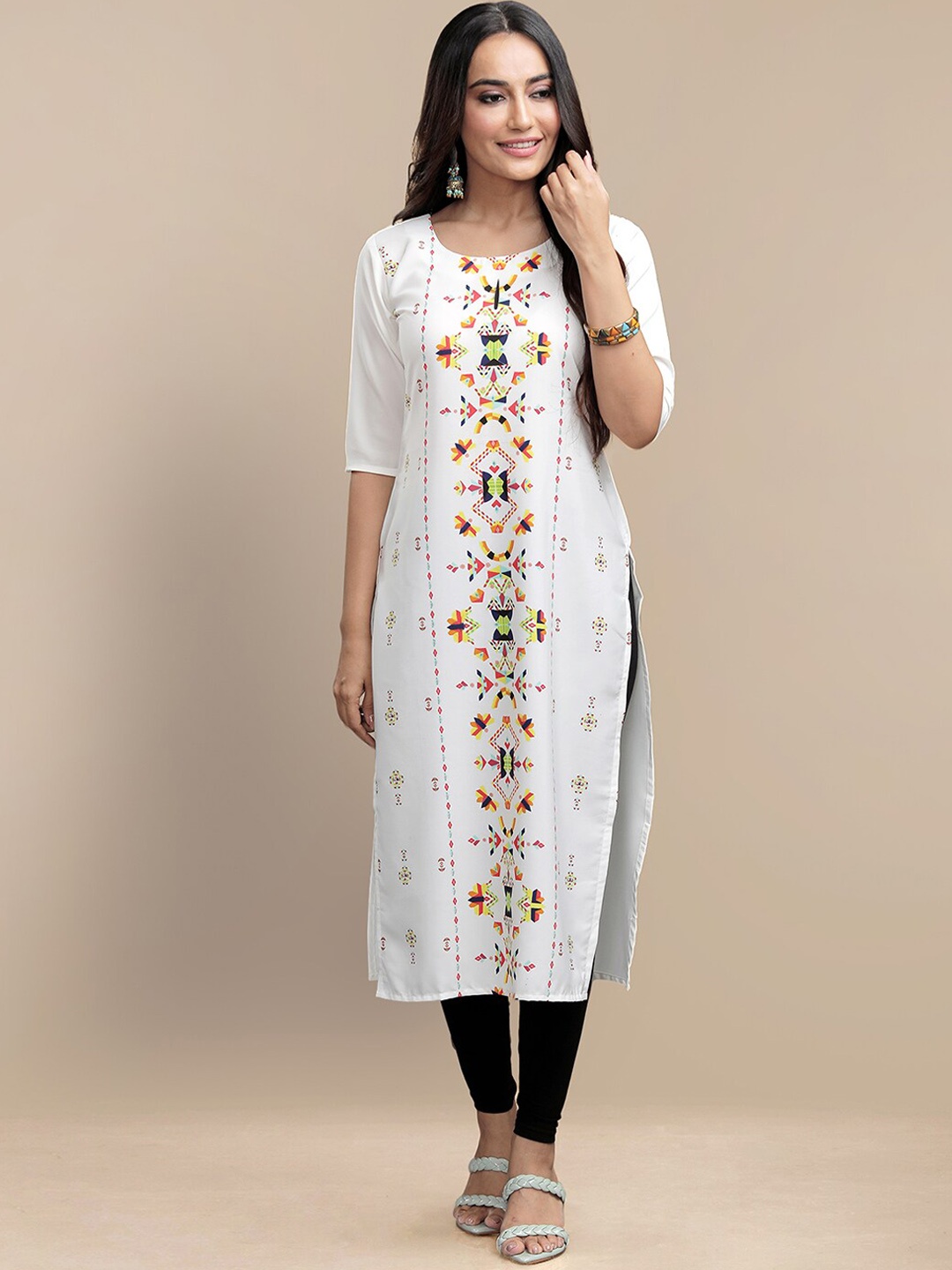 

7Threads Women White Geometric Printed Block Print Crepe Kurta