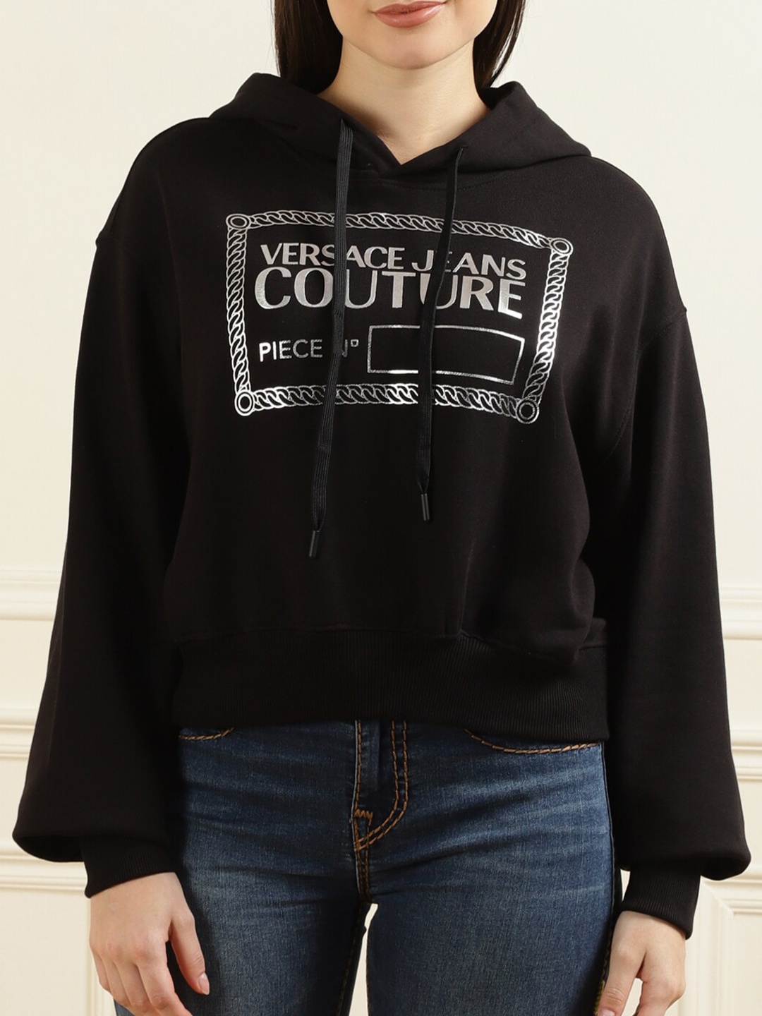 

Versace Jeans Couture Women Black VJC Printed Hooded Pure Cotton Sweatshirt