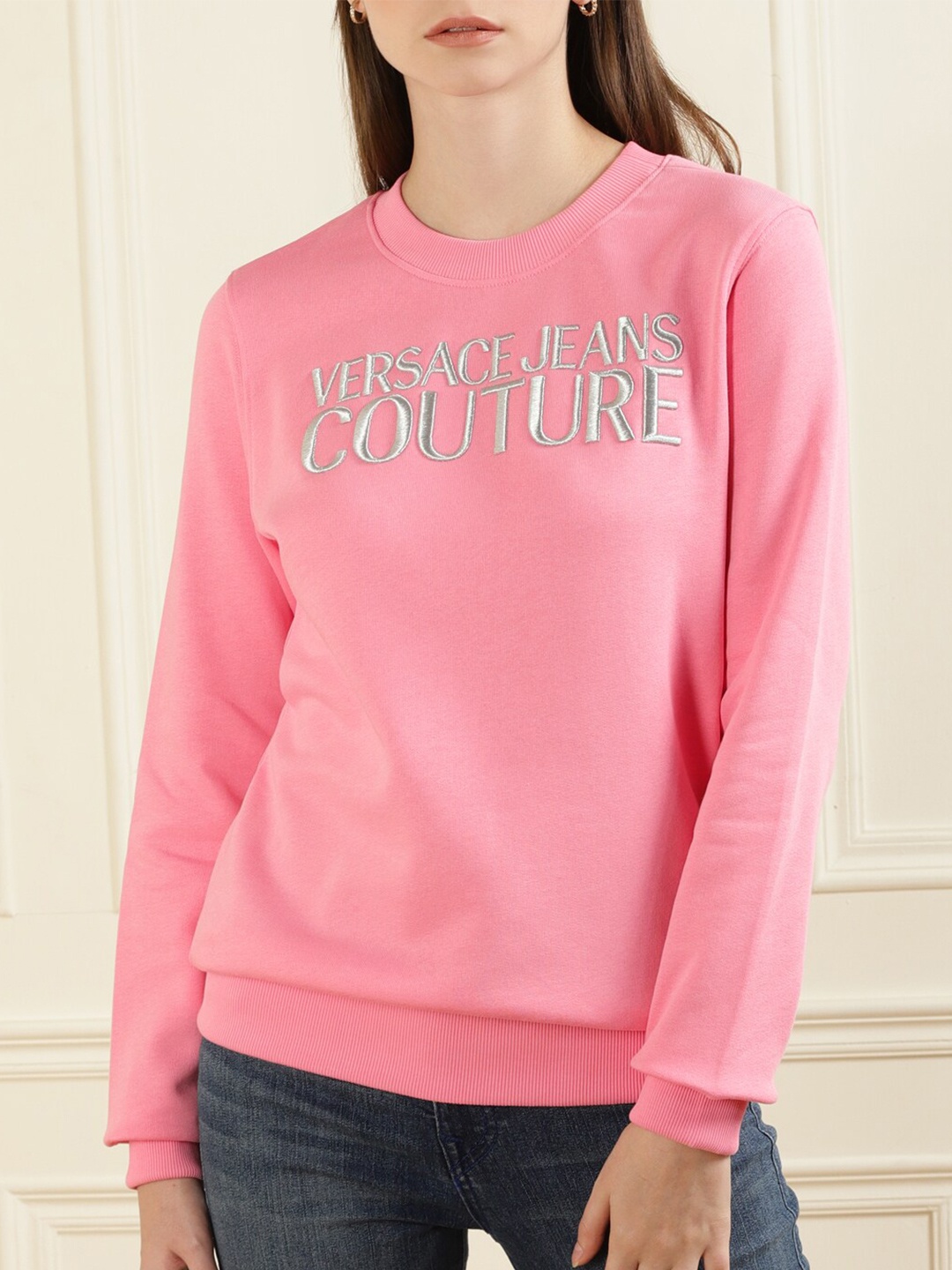 

Versace Jeans Couture Women Pink VJC Brand Embroidered Pure Cotton Sweatshirt