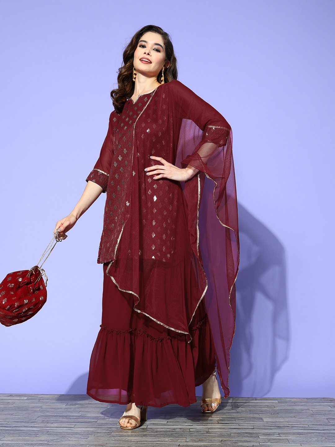 

Libas Women Embroidered Sequinned Kurta Set With Dupatta & Potli, Maroon