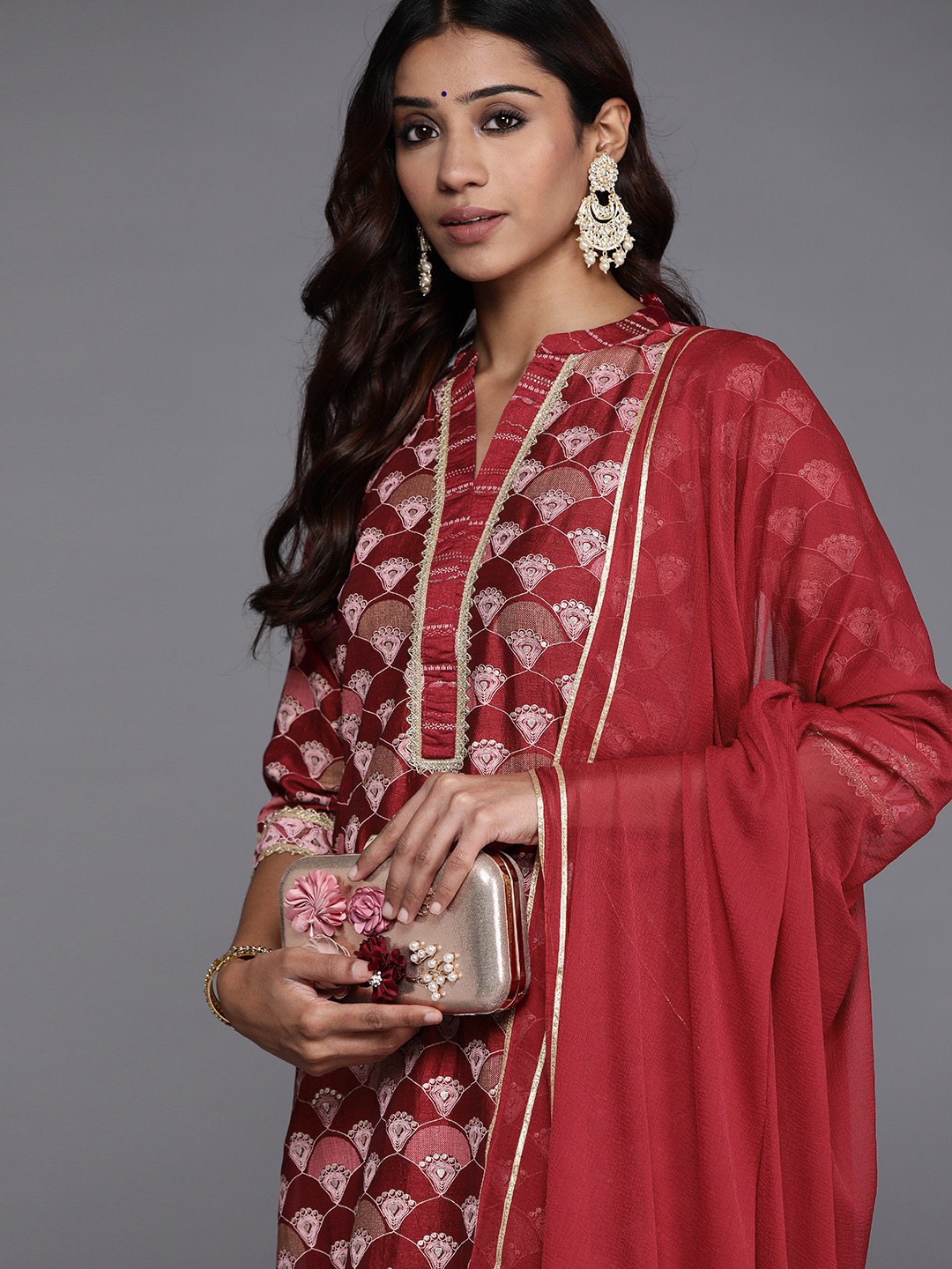 

Libas Women Red Ethnic Motifs Printed Gotta Patti Kurta with Trousers & With Dupatta