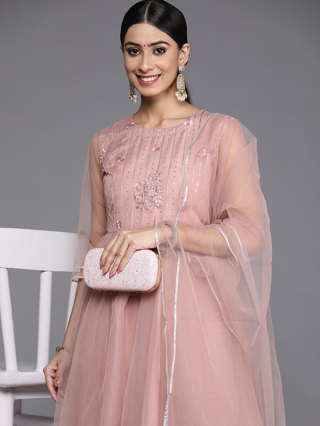 

Libas Women Mauve Floral Embroidered Layered Sequinned Kurta with Trousers & With Dupatta