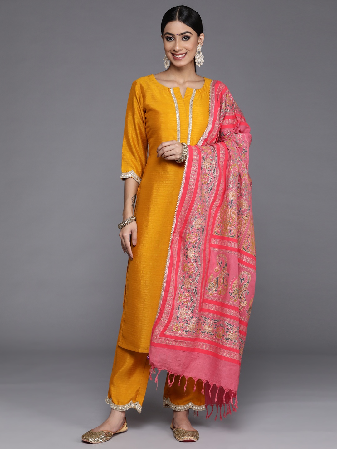 

Libas Women Mustard Yellow Gotta Patti Kurta with Trousers & With Dupatta