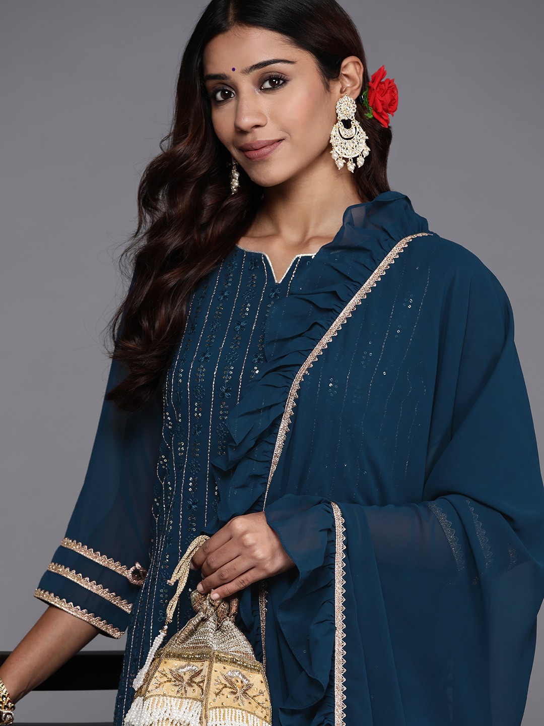 

Libas Women Blue Floral Embroidered Sequinned Kurta with Palazzos & With Dupatta