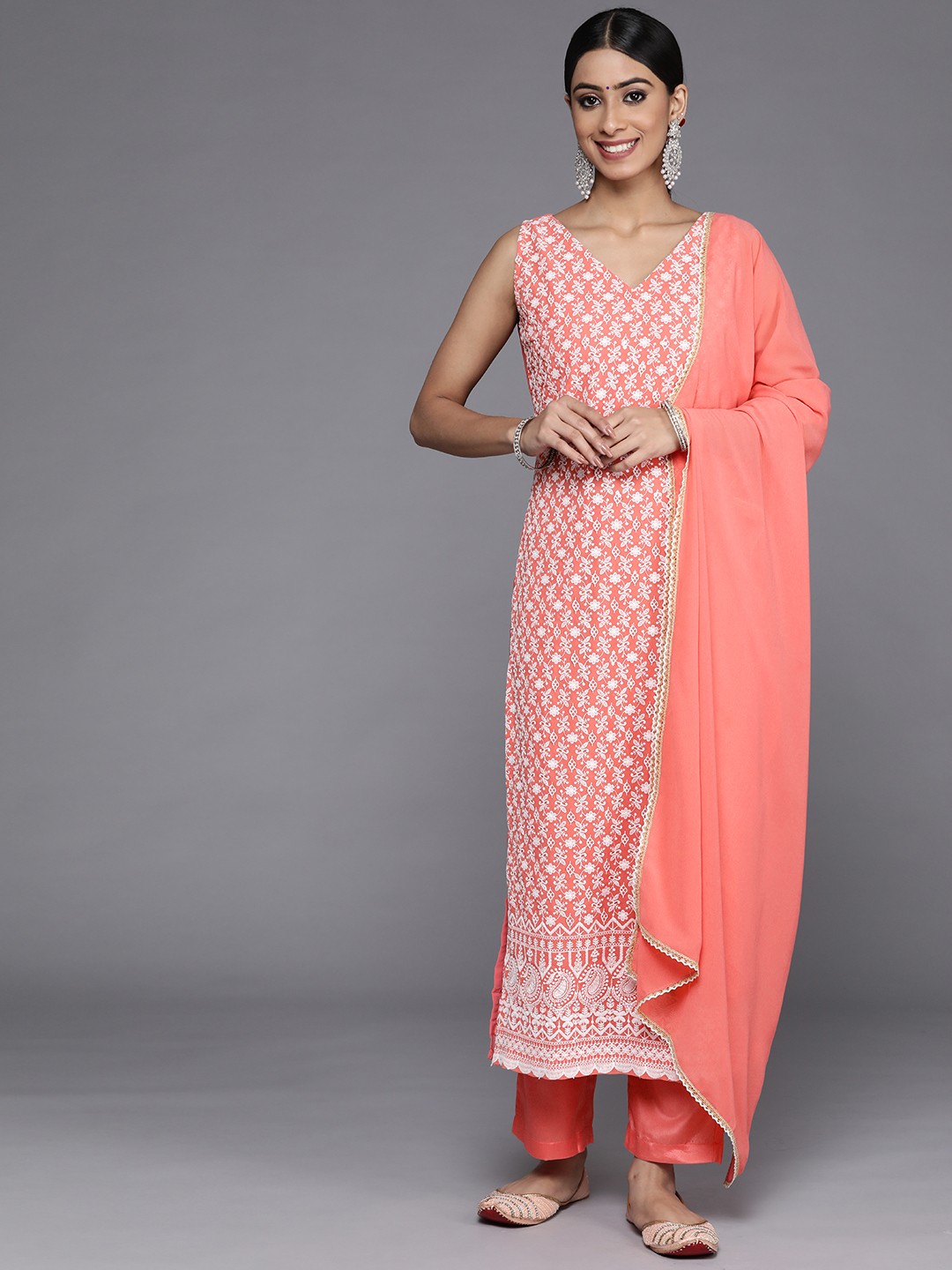 

Libas Women Coral Floral Embroidered Thread Work Kurta with Trousers & With Dupatta