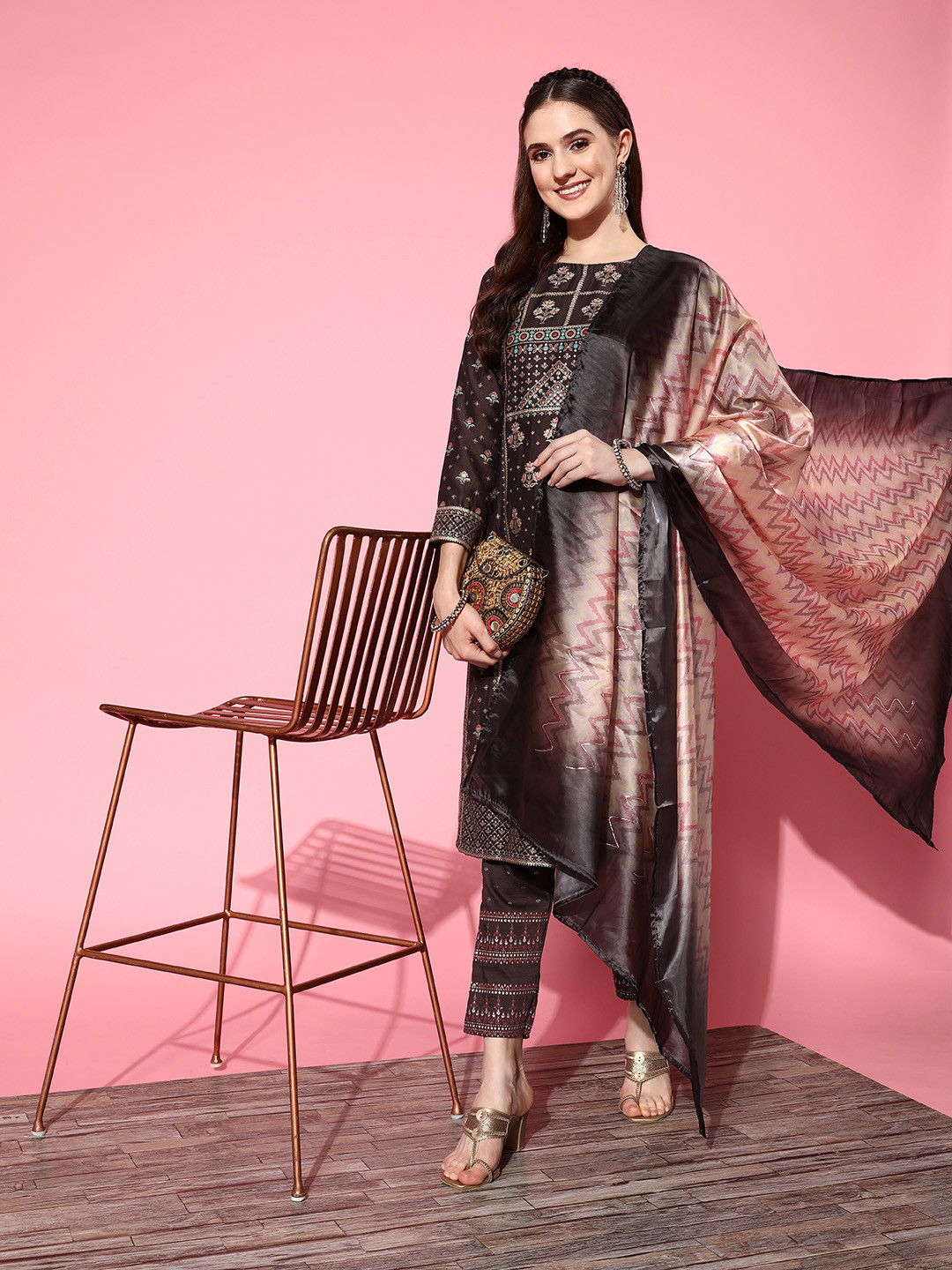 

Libas Coffee Brown & Blue Ethnic Motifs Print Kurta with Trousers & Dupatta