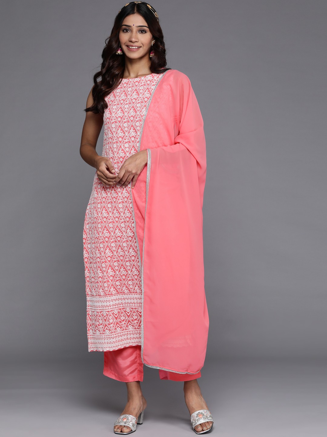 

Libas Women Pink Floral Embroidered Thread Work Kurta with Trousers & With Dupatta