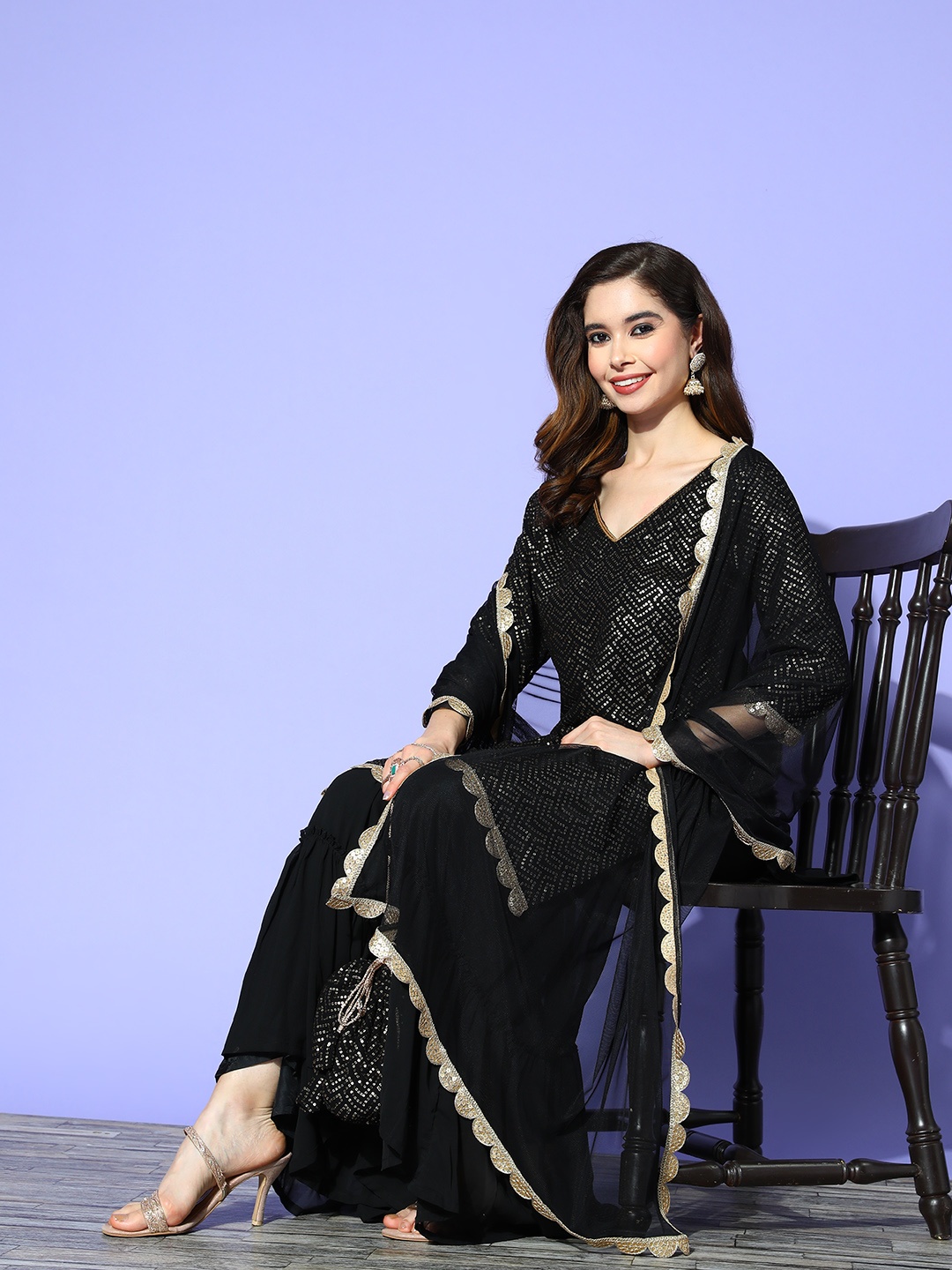 

Libas Women Embroidered Sequinned Kurta Set With Dupatta & Potli, Black