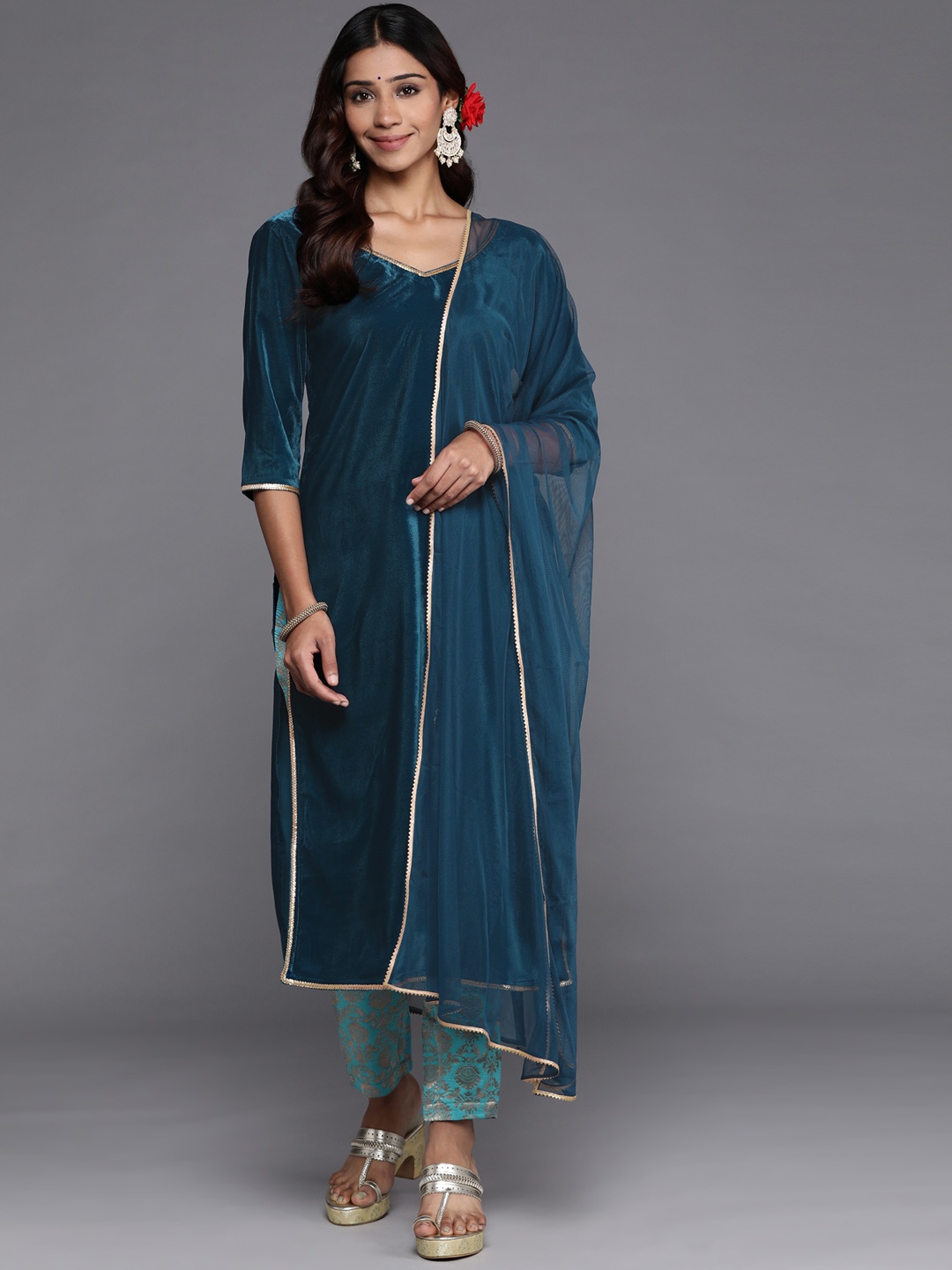 

Libas Women Blue Yoke Design Velvet Kurta with Trousers & With Dupatta