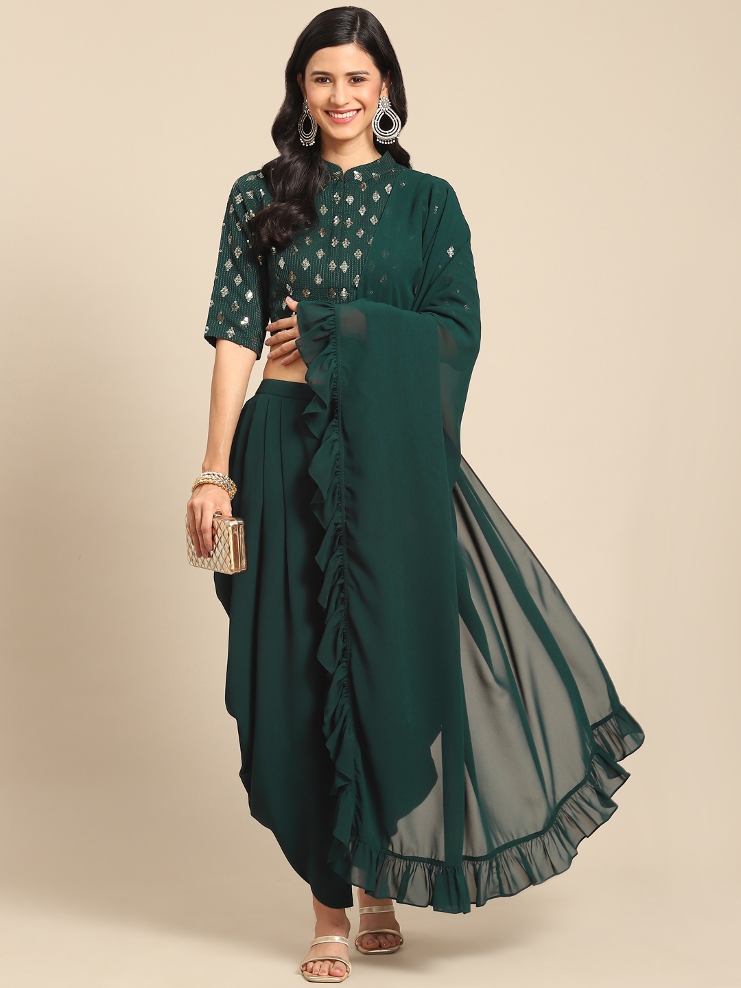 

Libas Embellished Geometric Pure Georgette Dhoti Saree With Blouse, Green