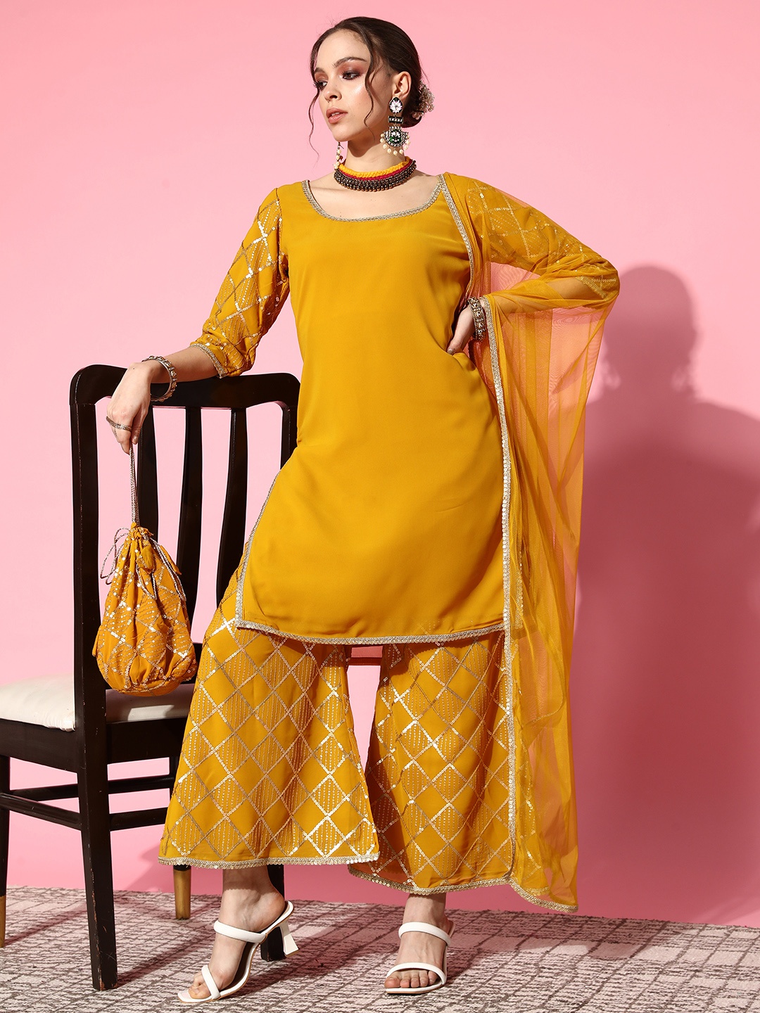 

Libas Women Sequinned Kurta Set With Dupatta & Potli, Mustard