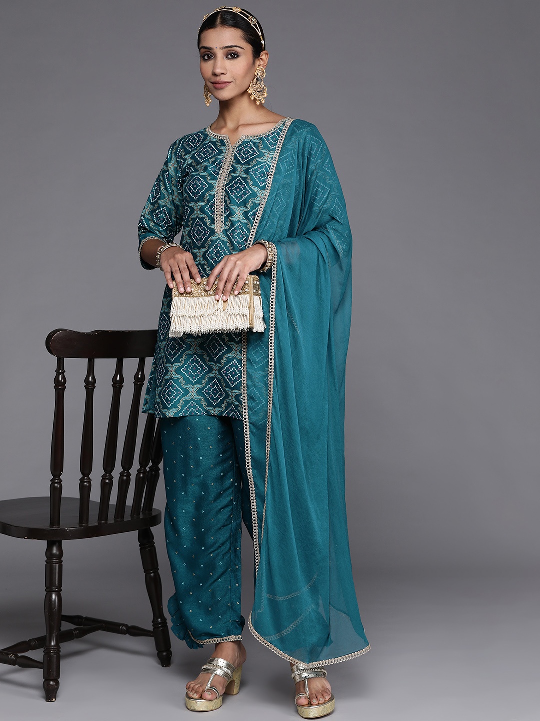 

Libas Women Blue Bandhani Printed Kurti with Palazzos & With Dupatta