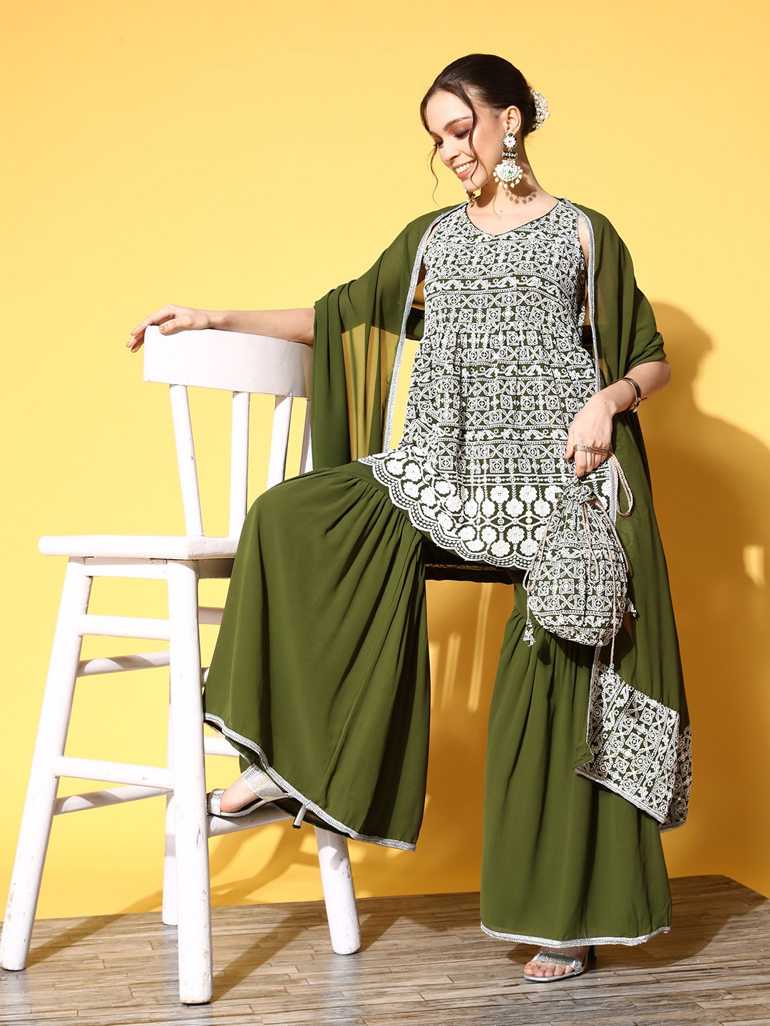 

Libas Women Ethnic Motifs Embroidered Pleated Kurti Set With Dupatta & Potli, Olive