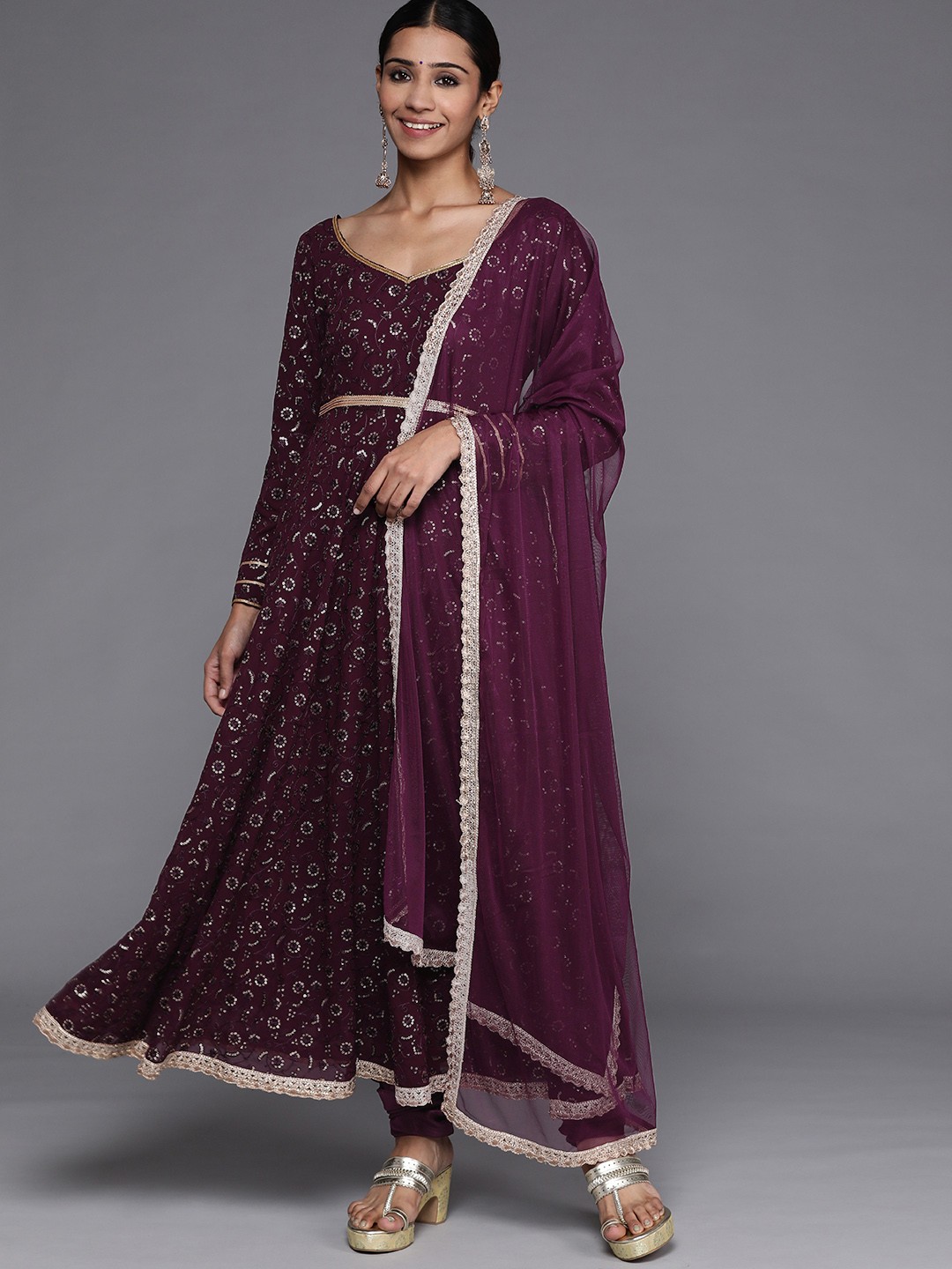 

Libas Women Purple Floral Embroidered Anarkali Kurta with Churidar & With Dupatta