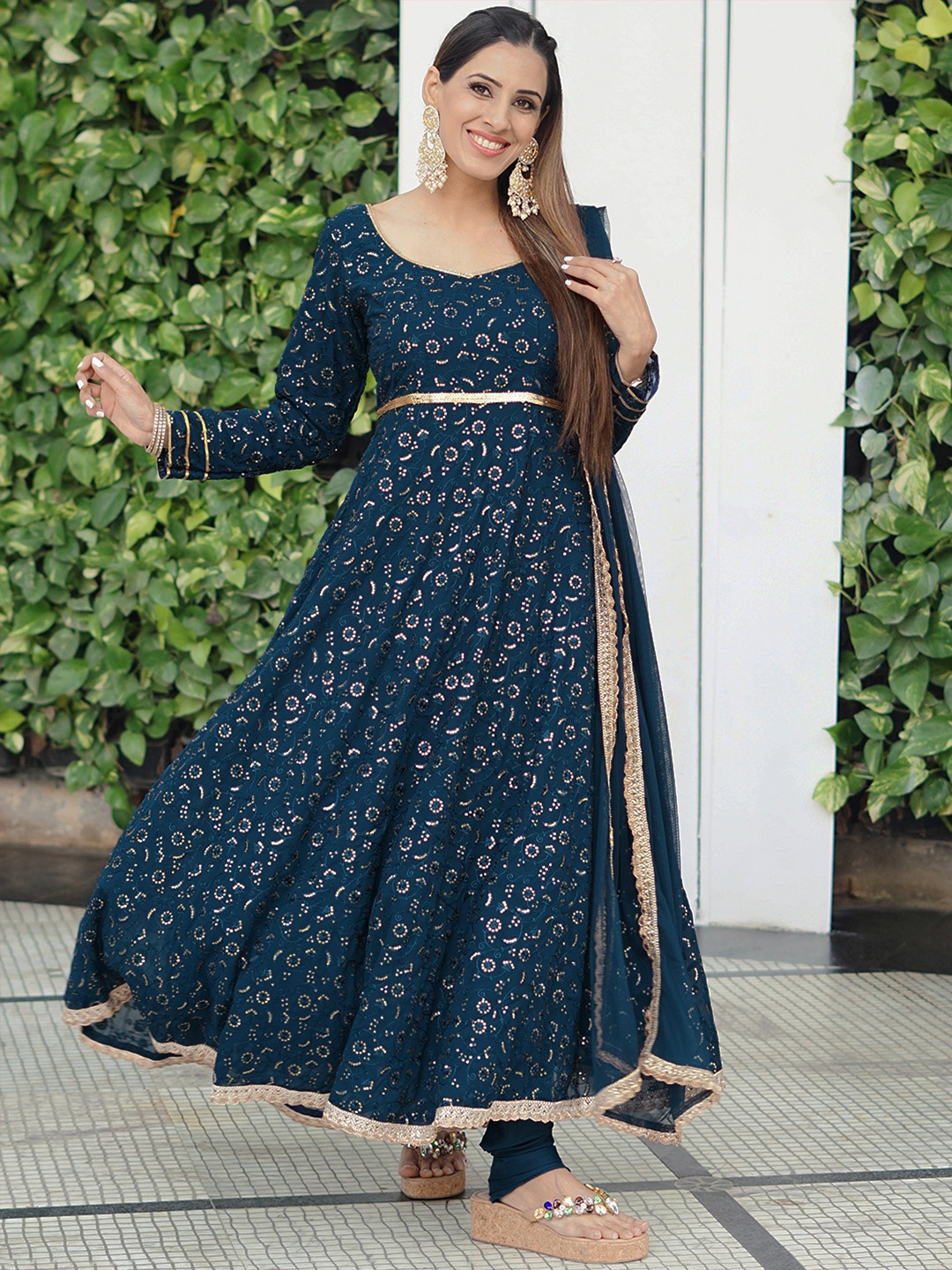 

Libas Women Blue Floral Embroidered Sequinned Kurta with Churidar & With Dupatta