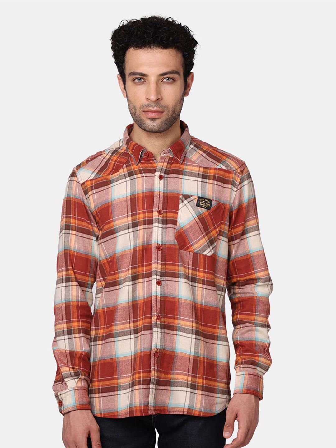 

Royal Enfield Men Orange Tartan Checks Checked Cotton Casual Shirt