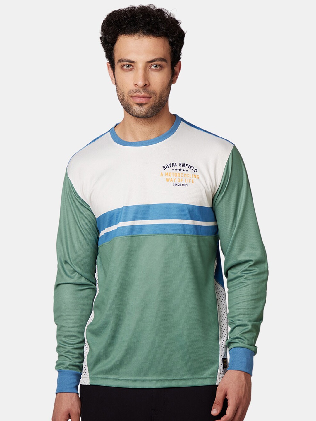 

Royal Enfield Men Green & White Colourblocked T-shirt