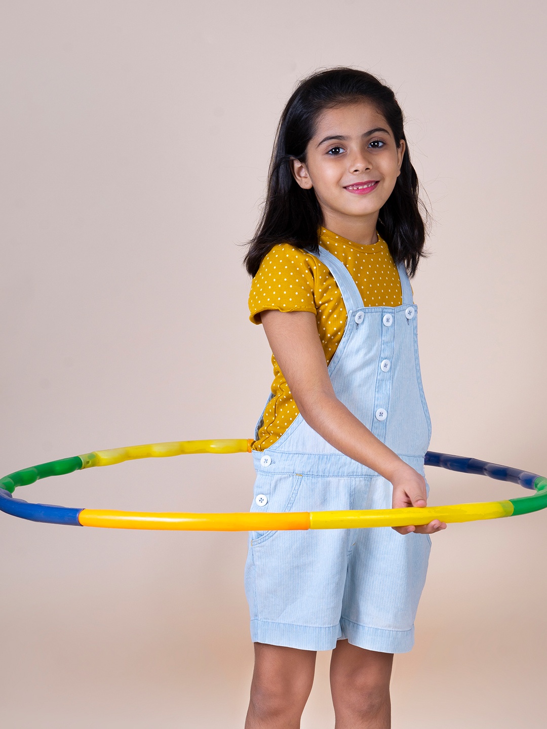 

Little Carrot Girls Blue & Mustard Yellow Polka Dot Printed Dungarees With T-shirt
