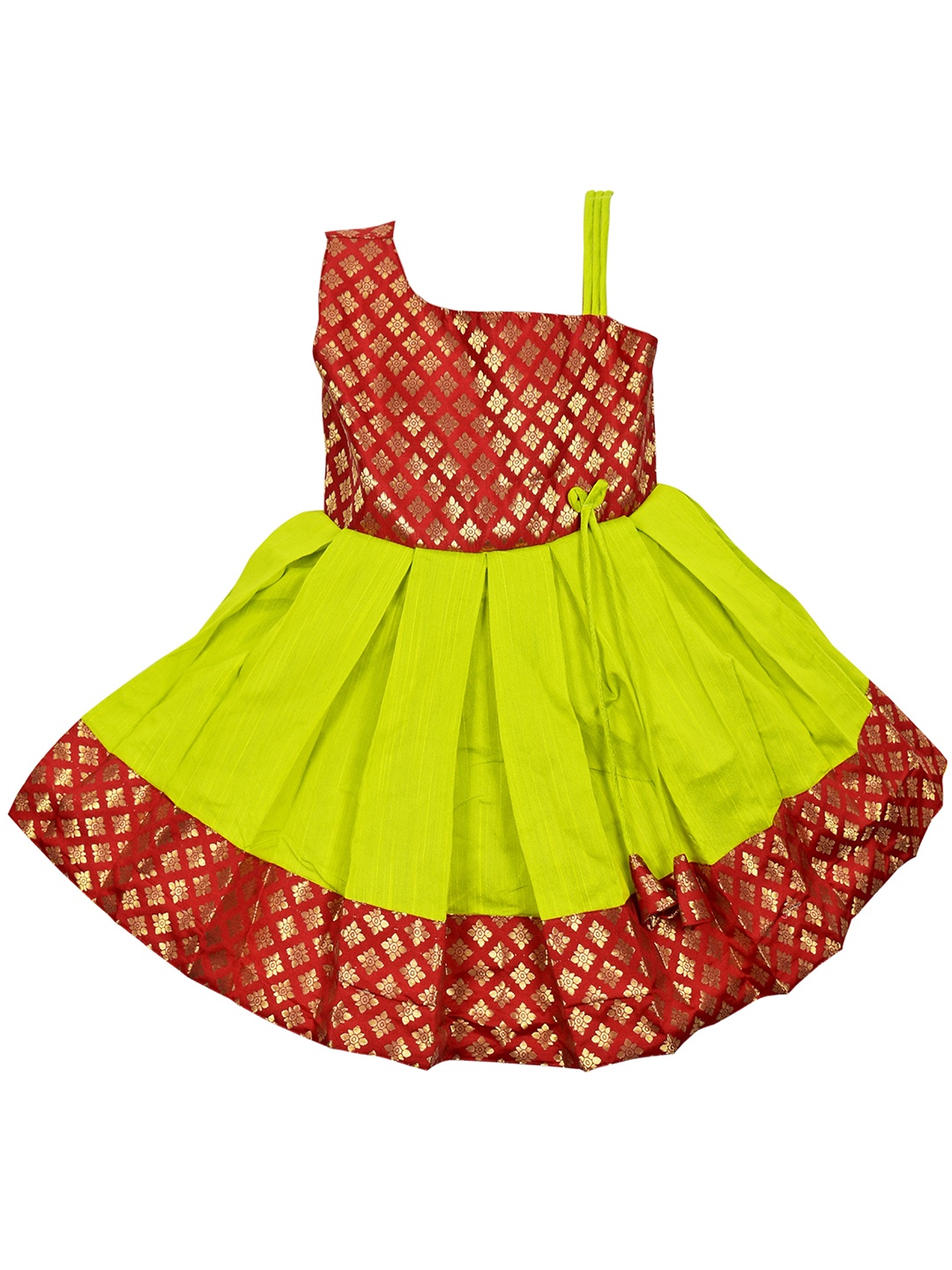 

AMIRTHA FASHION Girls Lime Green & Maroon Floral One Shoulder Ethnic Dress