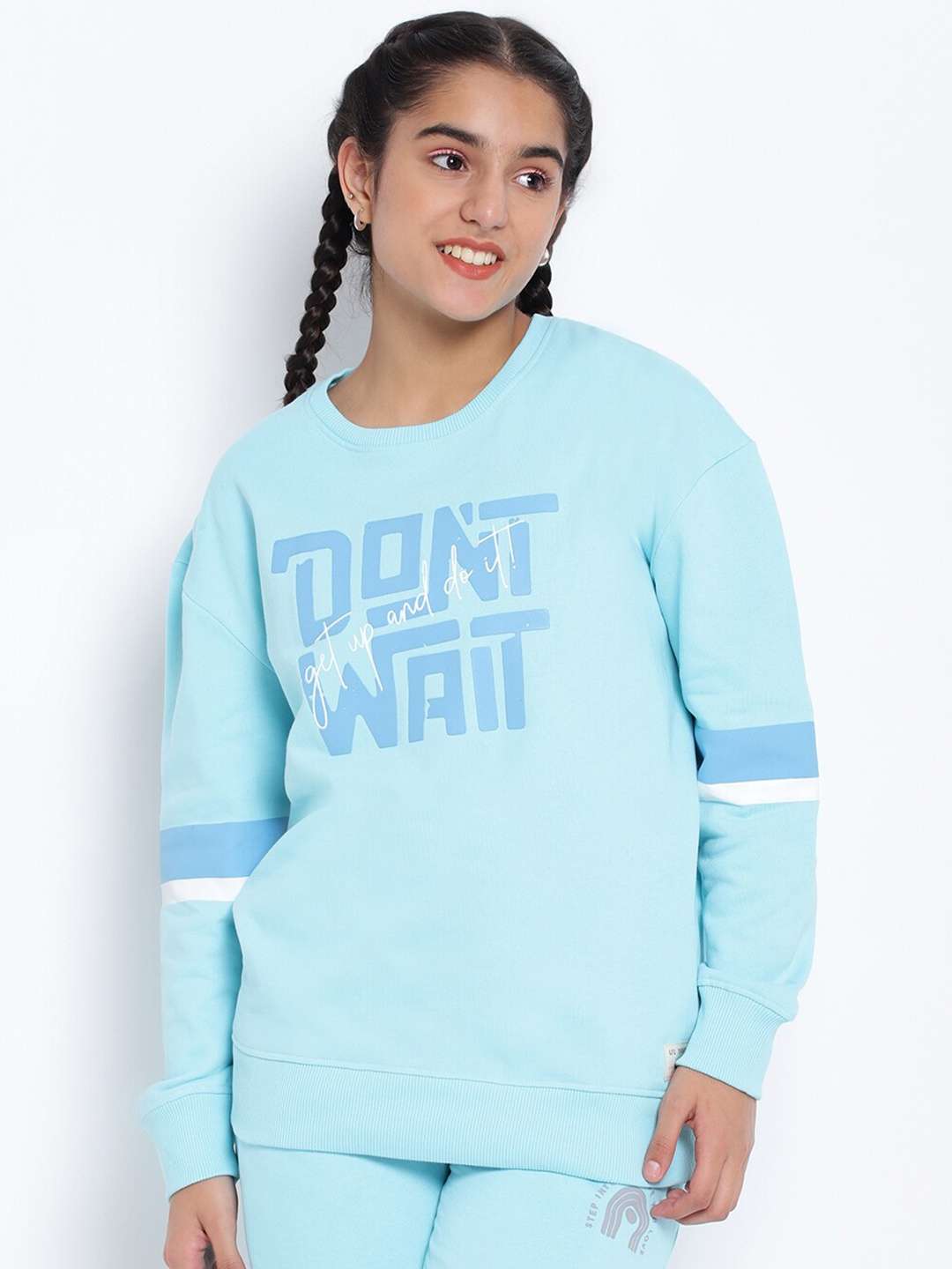 

Lil Tomatoes Girls Blue Typography Printed Sweatshirt