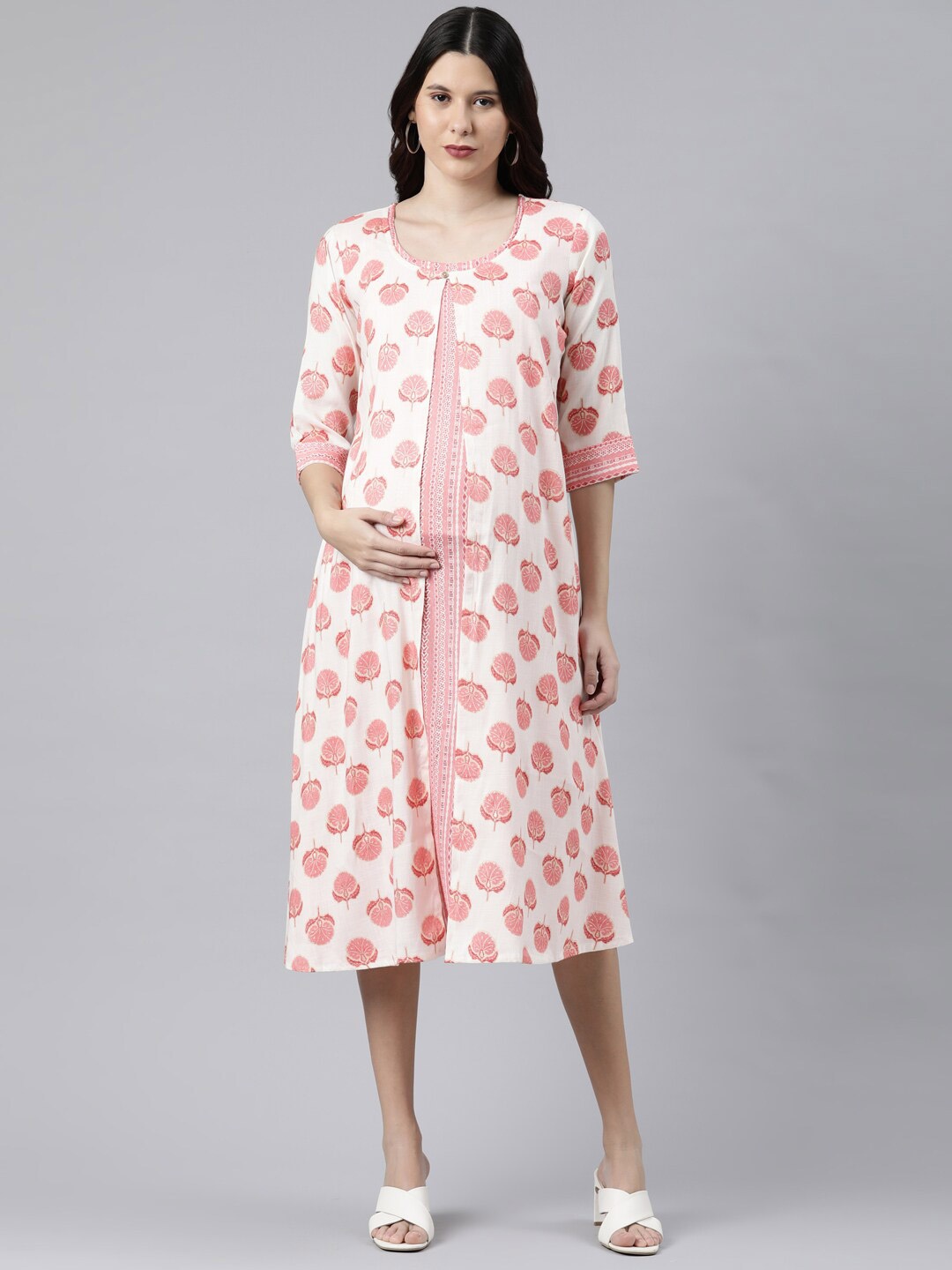 

GOLDSTROMS Peach-Coloured & Off White Ethnic Motifs Maternity A-Line Midi Dress