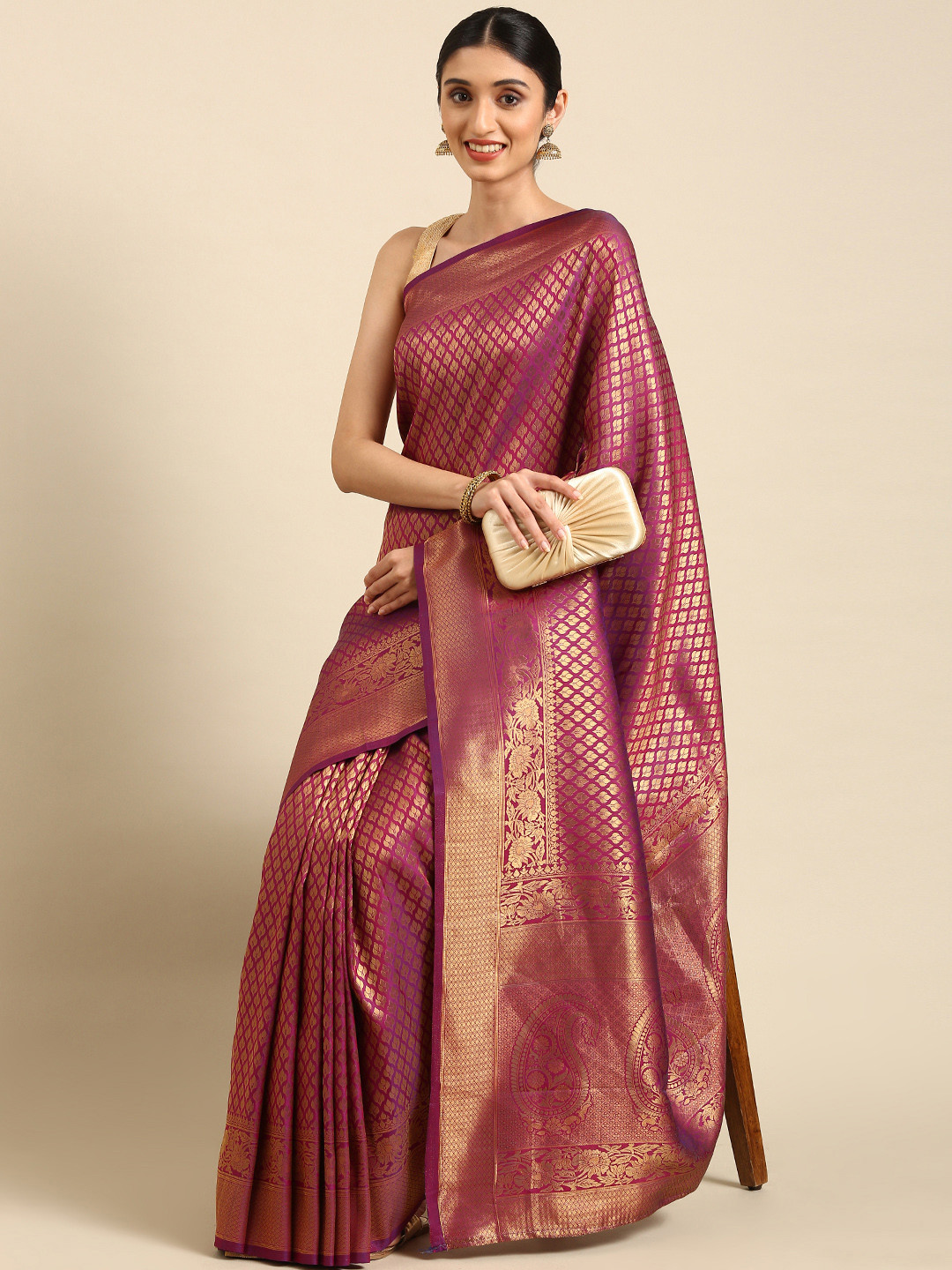 

SHARAA ETHNICA Magenta & Golden Woven Design Pure Silk Kanjeevaram Saree