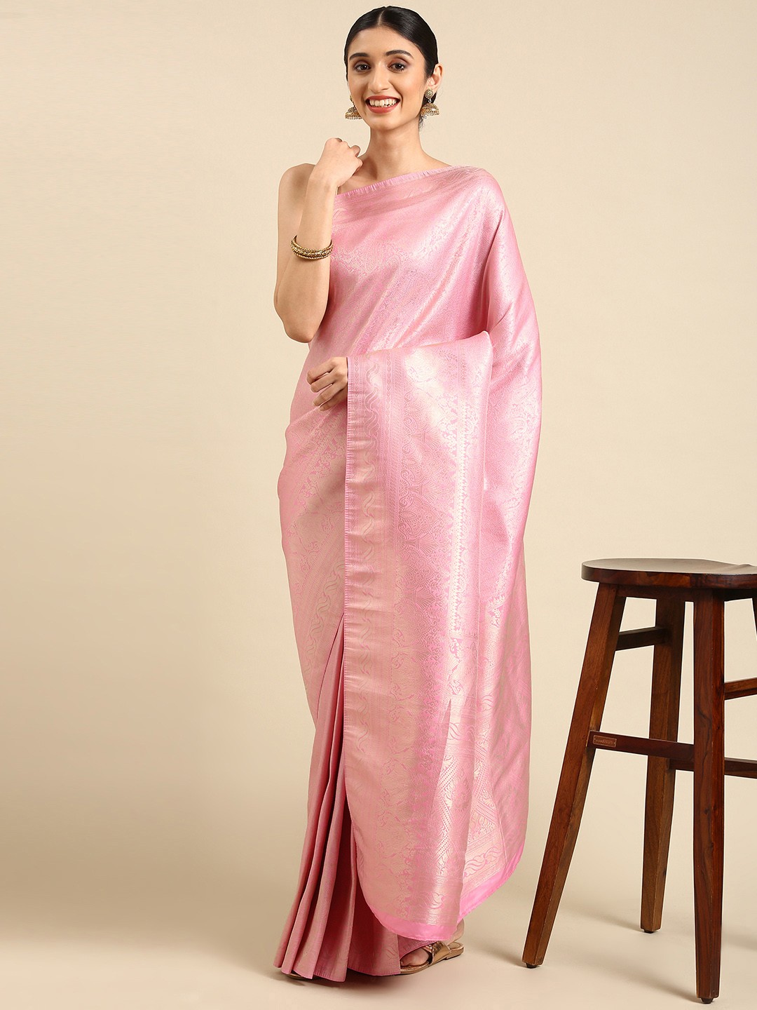 

SHARAA ETHNICA Pink Woven Design Pure Silk Kanjeevaram Saree