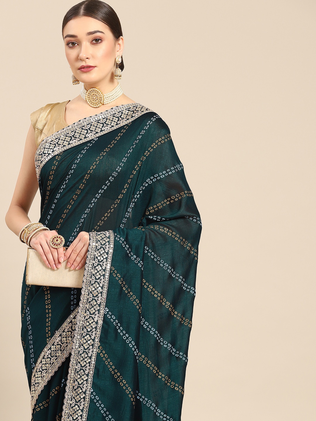 

all about you Teal & Blue Bandhani Embroidered Saree