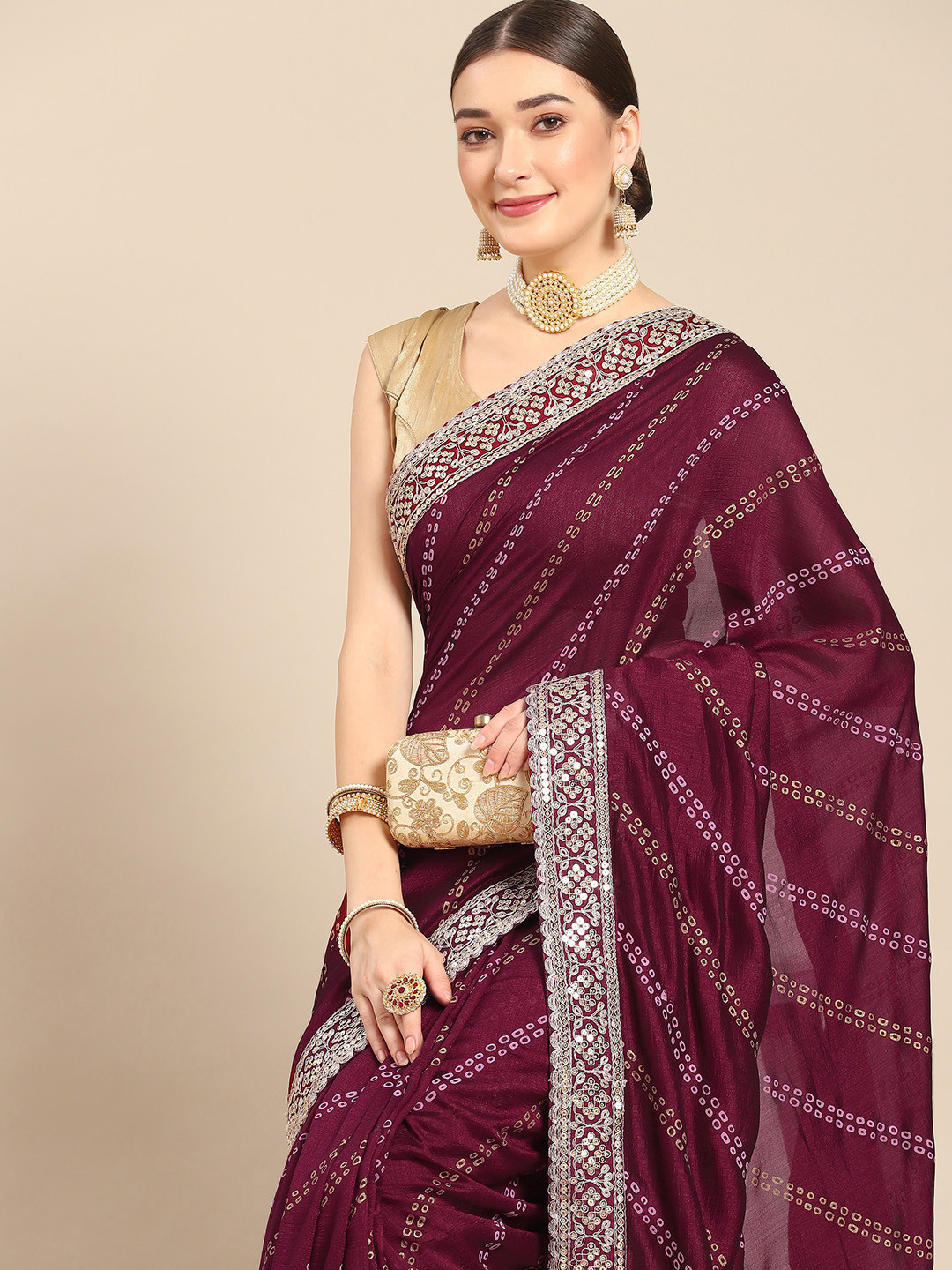 

all about you Purple & Maroon Bandhani Embroidered Saree