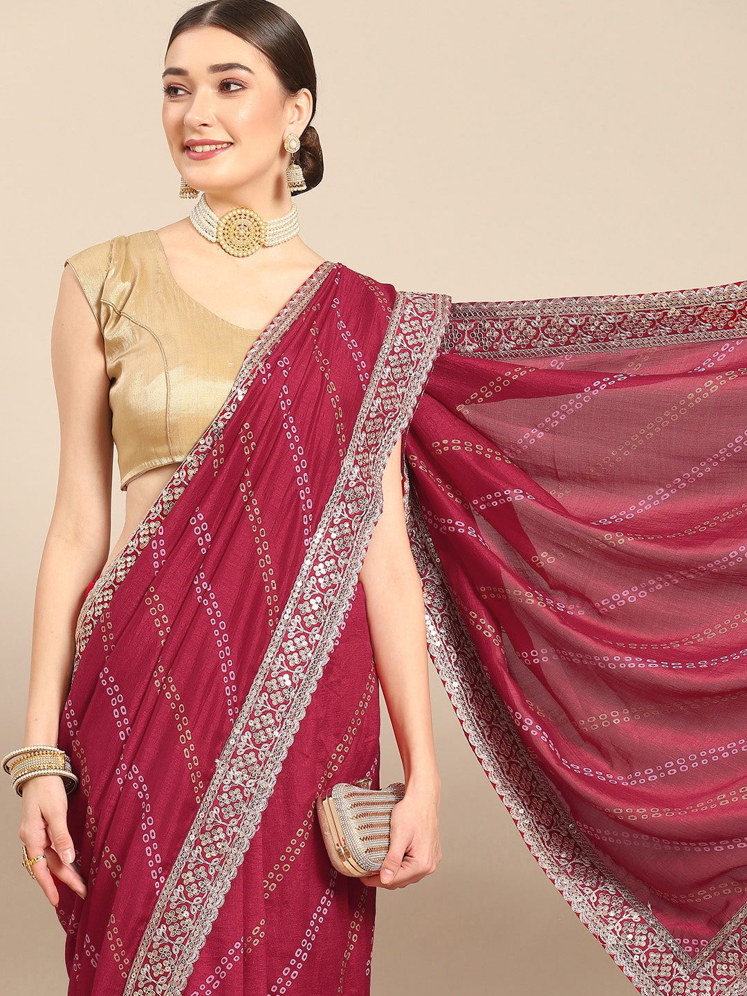 

all about you Red & Pink Bandhani Embroidered Saree
