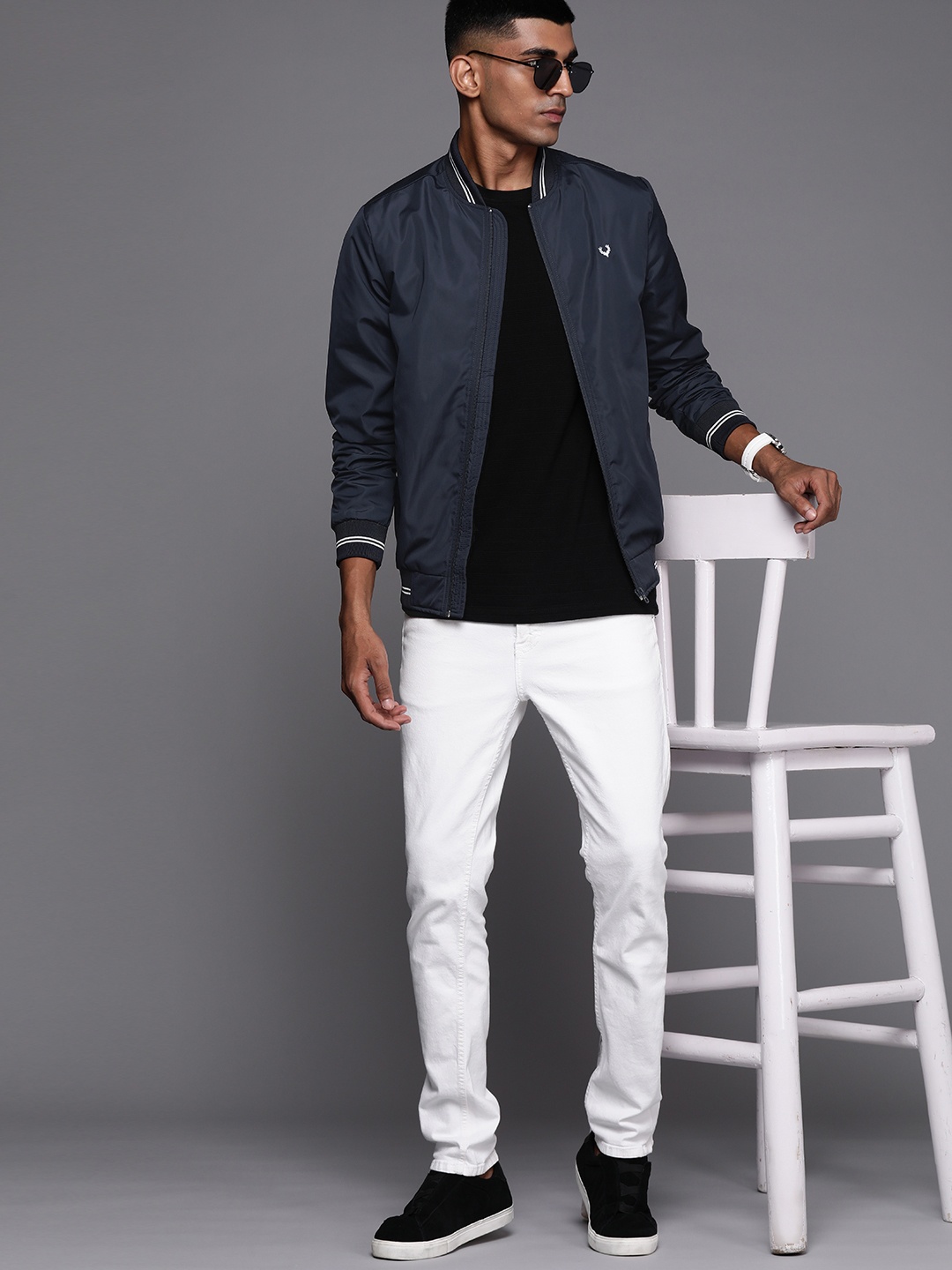 

Allen Solly Sport Men Navy Blue Solid Bomber Jacket