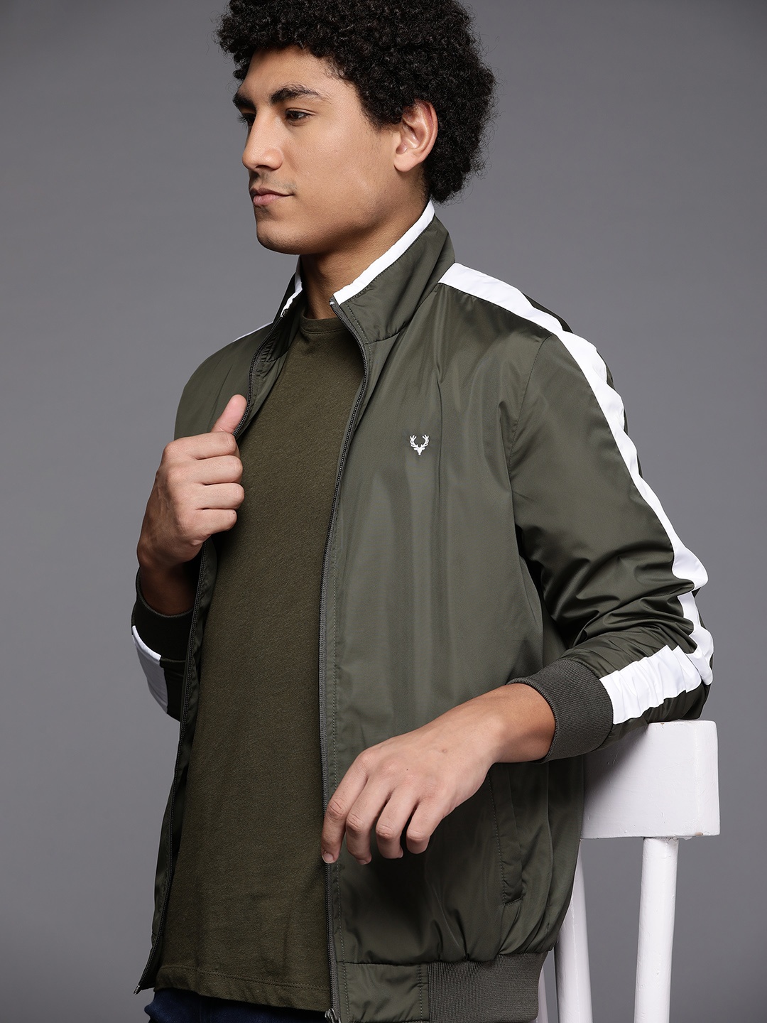 

Allen Solly Sport Men Olive Green Solid Bomber Jacket