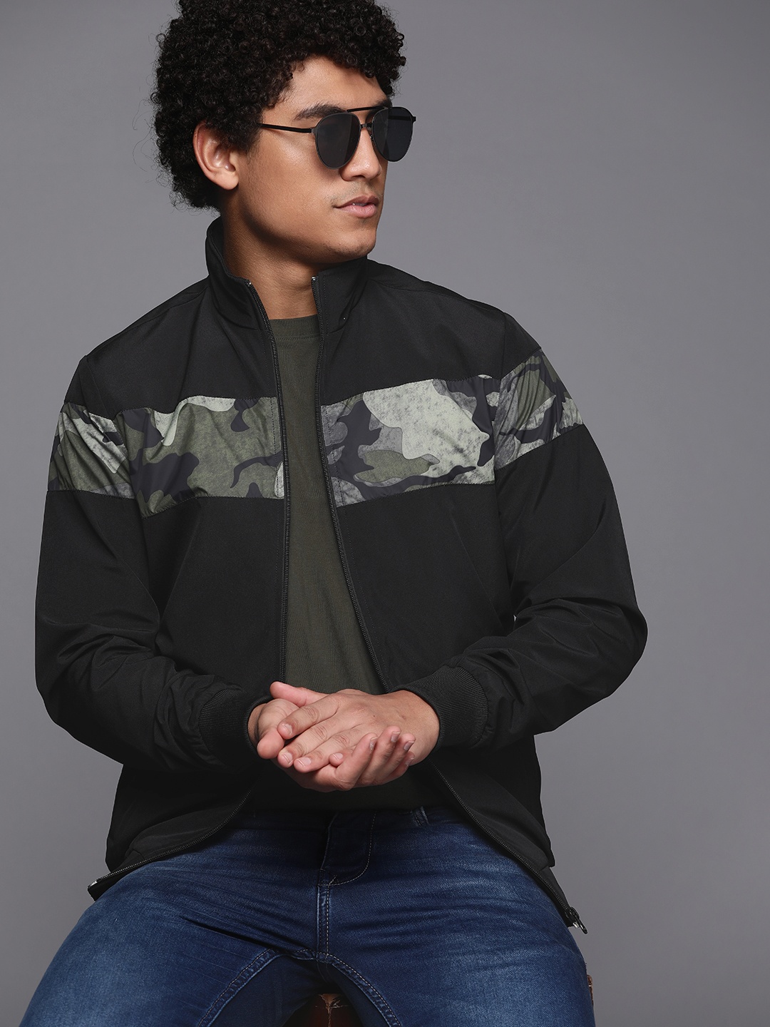 

Allen Solly Sport Men Black & Grey Camouflage Print Bomber Jacket