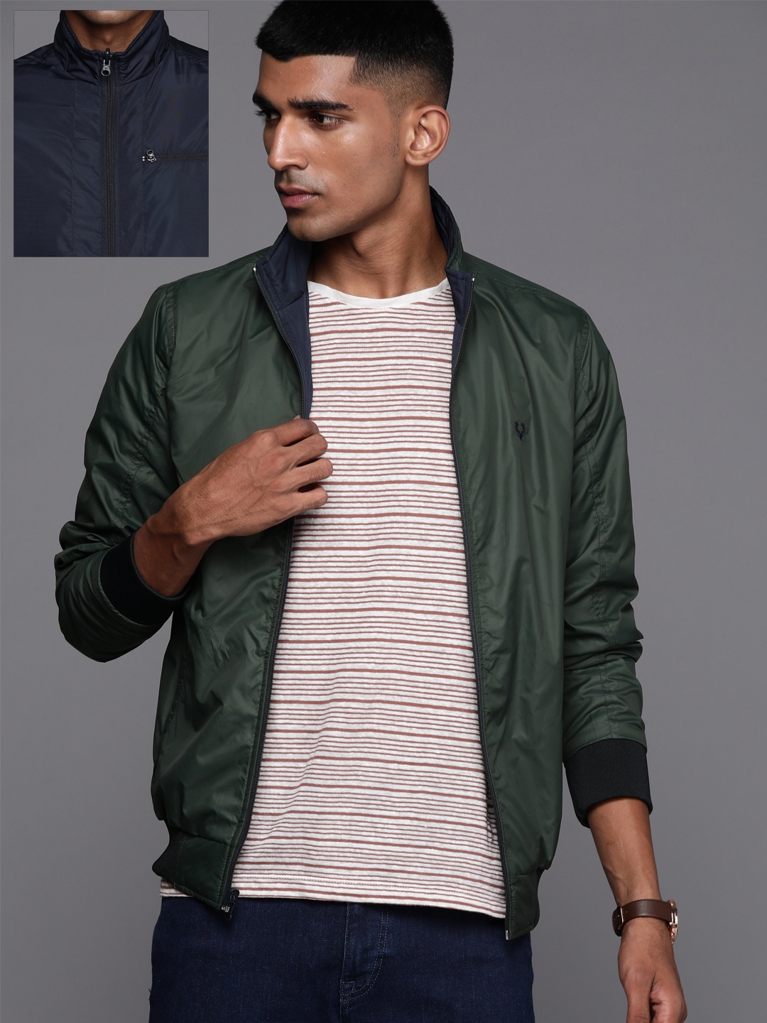 

Allen Solly Sport Men Olive Green & Navy Blue Solid Reversible Bomber Jacket