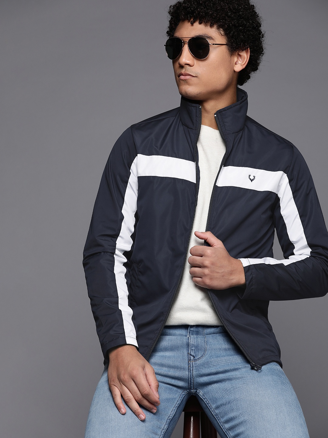 

Allen Solly Sport Men Navy Blue & White Striped Tailored Jacket