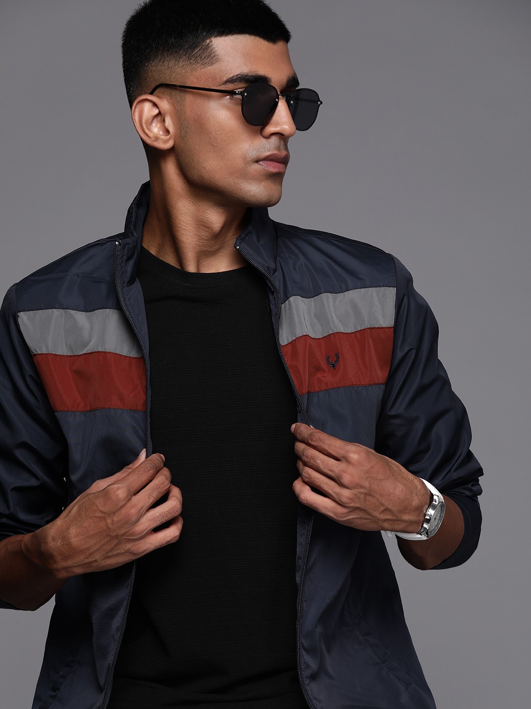 

Allen Solly Sport Men Navy Blue Striped Tailored Jacket