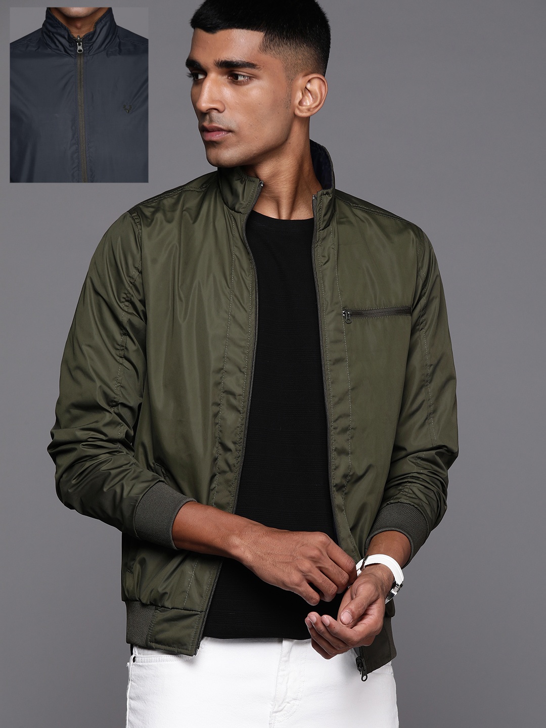 

Allen Solly Sport Men Olive Green Reversible Bomber Jacket