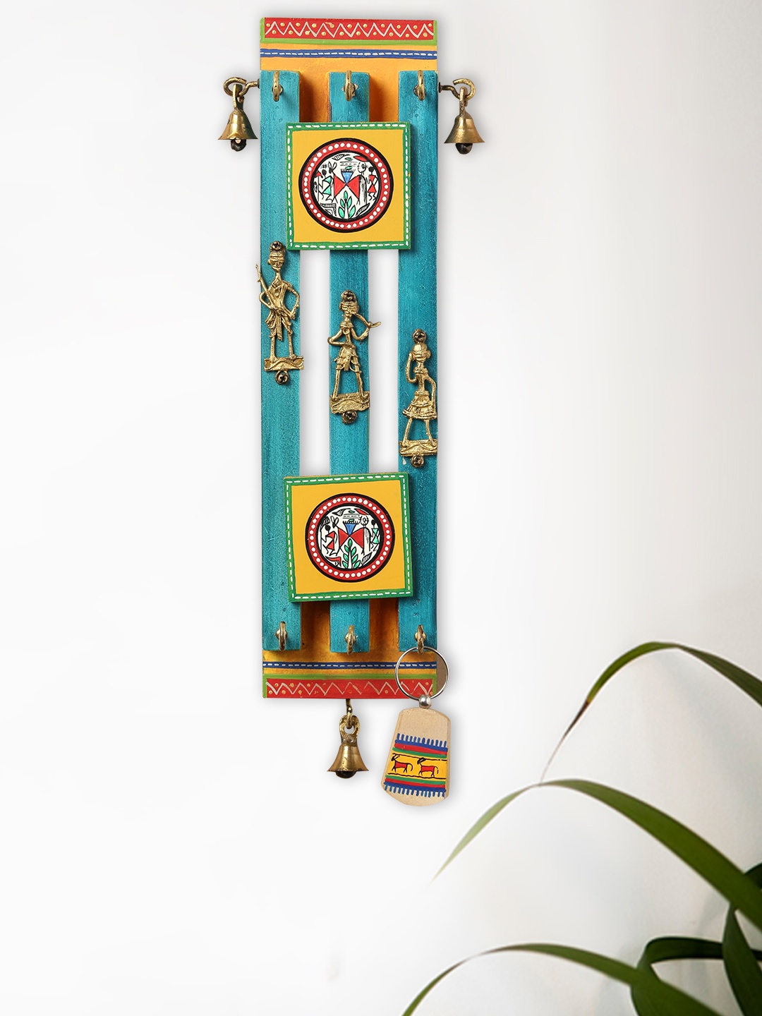 

ExclusiveLane Blue Handcrafted Wooden Key Holder With Warli & Dhokra Art