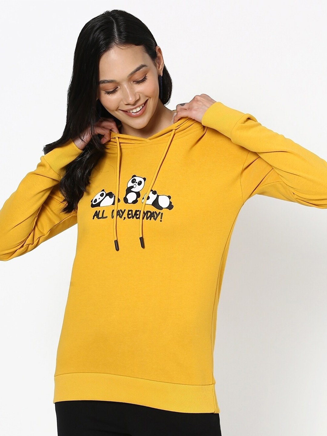 

Bewakoof Women Yellow Fleece Printed Hooded Sweatshirt